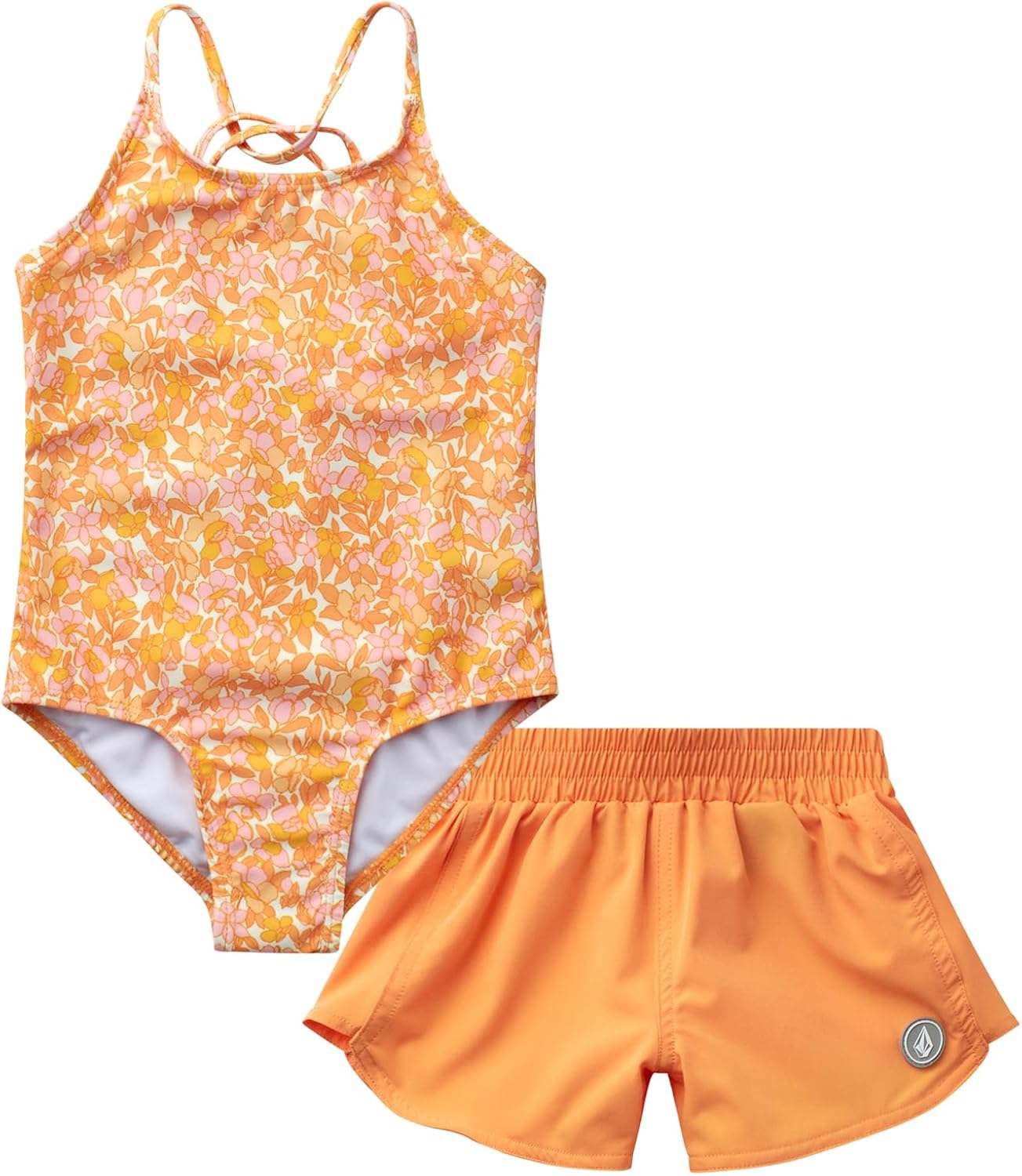 Volcom Girls' Swimsuit Set - UPF50+ Quick-Dry Girls One Piece Swimsuits with Matching Swim Shorts for Swimming (Sizes: 2T-16)
