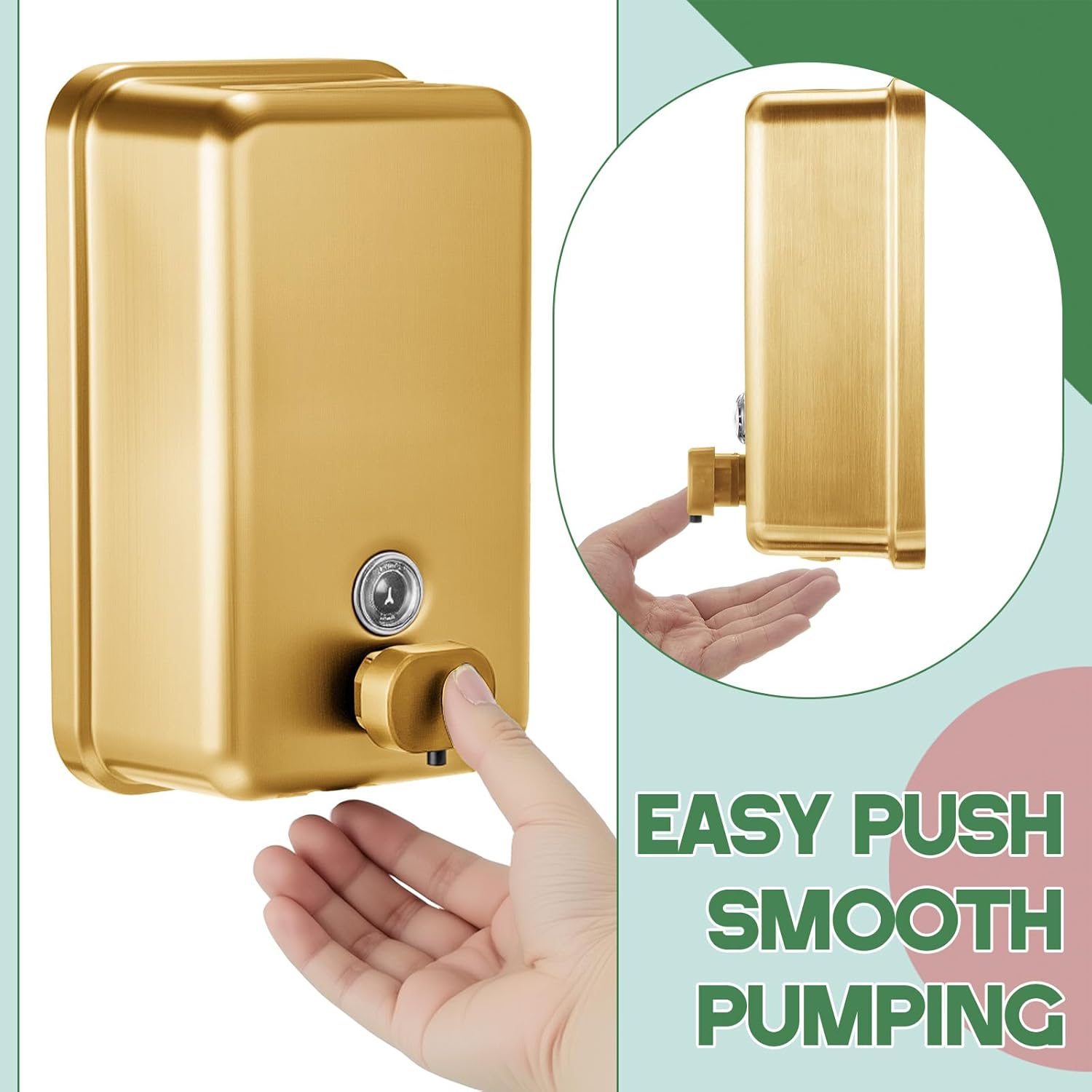 Maxdot 2 Pcs 37 oz/1100 ml Commercial Stainless Steel Soap Dispenser Wall Mount with Corrosion Proof Lining and Manual Anti Leak Pump for Home Bathroom Accessories Kitchen (Gold) - Image 4