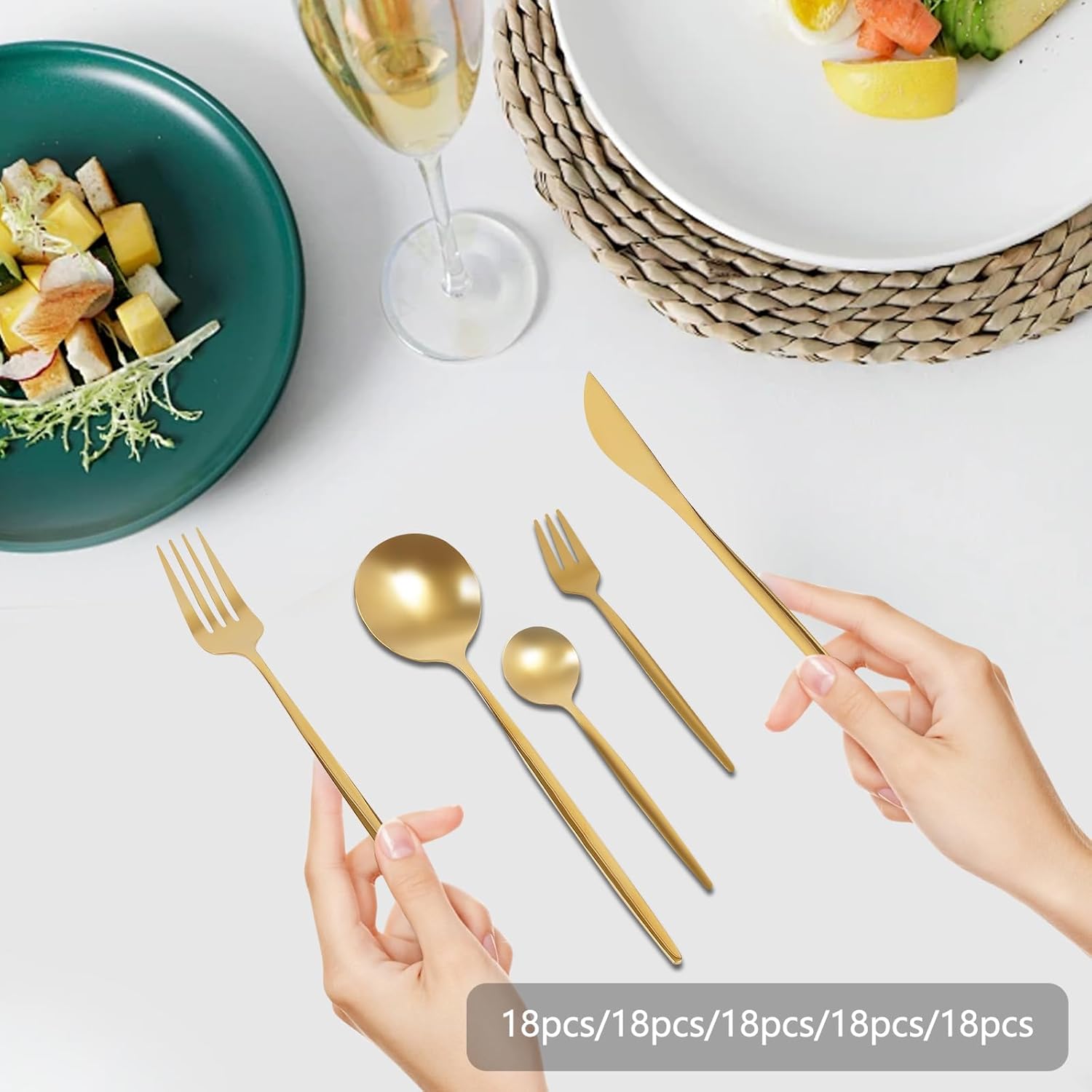 90PCS Gold Dinnerware Set(18 Forks, 18 Salad Forks, 18 Spoons, 18 Teaspoons, and 18 Knives), Gold Flatware Cutlery Set, Stainless Steel Utensils Set for Home, Restaurant, Party, Camping