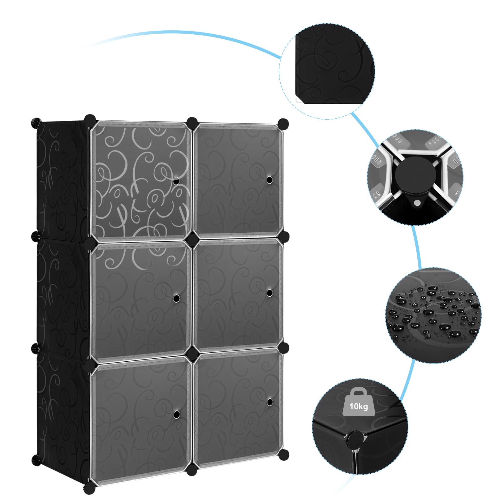 WOLTU Armoire de Rangement Plastique, Meuble de Rangement Modulable, Étagère Chaussures, Armoire Cube avec Portes pour Vêtements, Jouets, Livres,Chaussures, 6 Casiers, Noir
