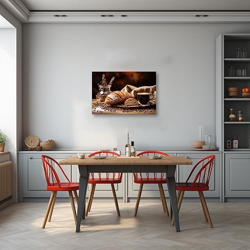 Miniatura 3 de CXHOSTENT Lienzo decorativo para cocina, arte de pared, café, pan, granos de café, cuadros de alimentos, pintura impresa, café, comedor, marco