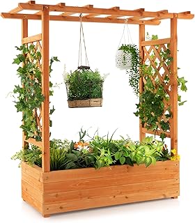 S AFSTAR Raised Garden Bed with Arch Trellis, Wood Planter Box with Hang...