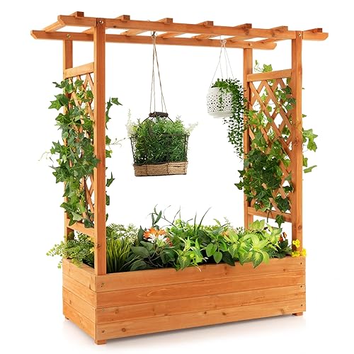 S AFSTAR Raised Garden Bed with Arch Trellis, Wood Planter Box with Hanging Roof, Side Trellis, 4 Drainage Holes, Above Ground Elevated Garden Bed for Outdoor Climbing Plants Vines Patio - 43.5"L x 17.5"W x 44.5"H - 1