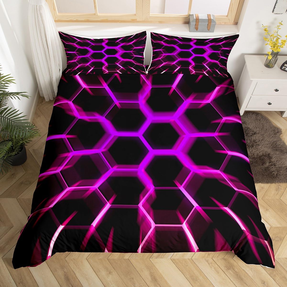 Honeycomb Duvet Cover King Black Purple 3D Geometric Beehive Hexagon Bedding Set Gamer Room Decor for Boys Girls Kids,Neon Light Geometrical Honeycomb Comforter Cover Glowing Hexagonal Bed Set