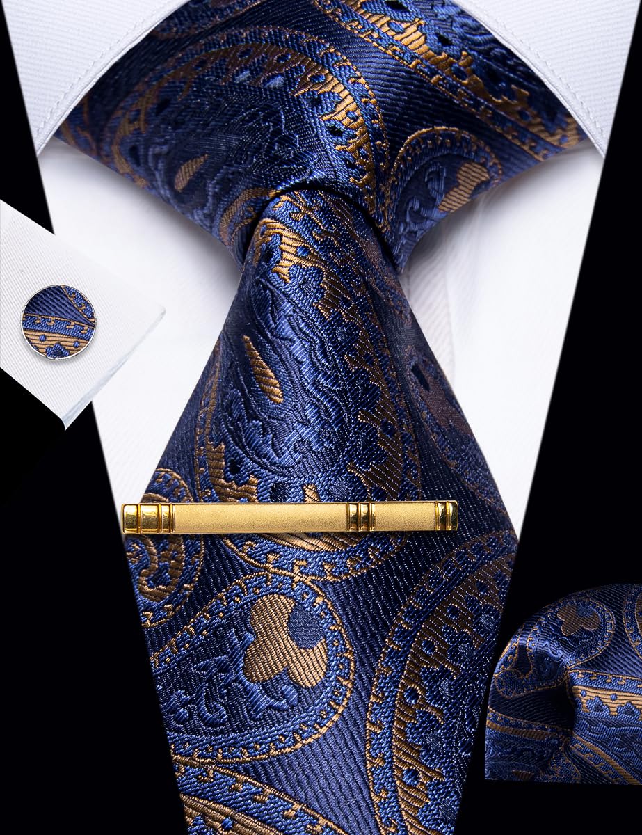 YourTies Cravatte di seta da uomo, motivo scozzese, motivo cachemire, con motivo floreale, gemelli quadrati e fermacravatta, set di fermacravatta per feste