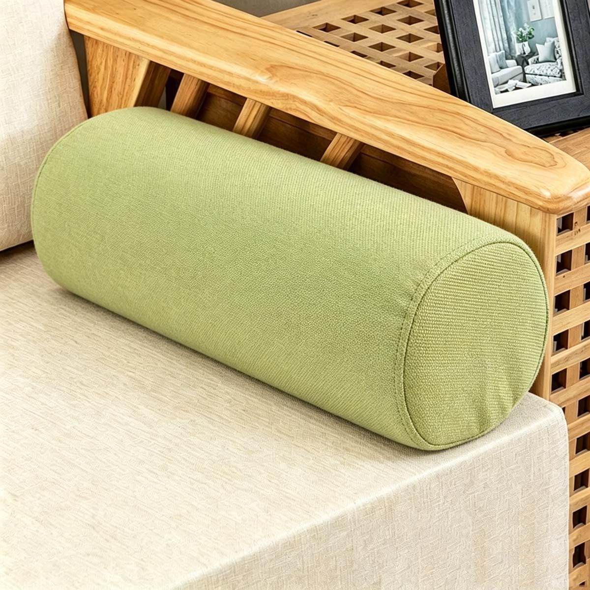 Akuops Round Bolster Cushion, Cuddly Soft Linen Neck Pillow, Knee Roll Cushions, Round Back Lumbar Elbow Support for Armrest at Sofa & Bed, Compact and Lightweight (90x20cm,Green)