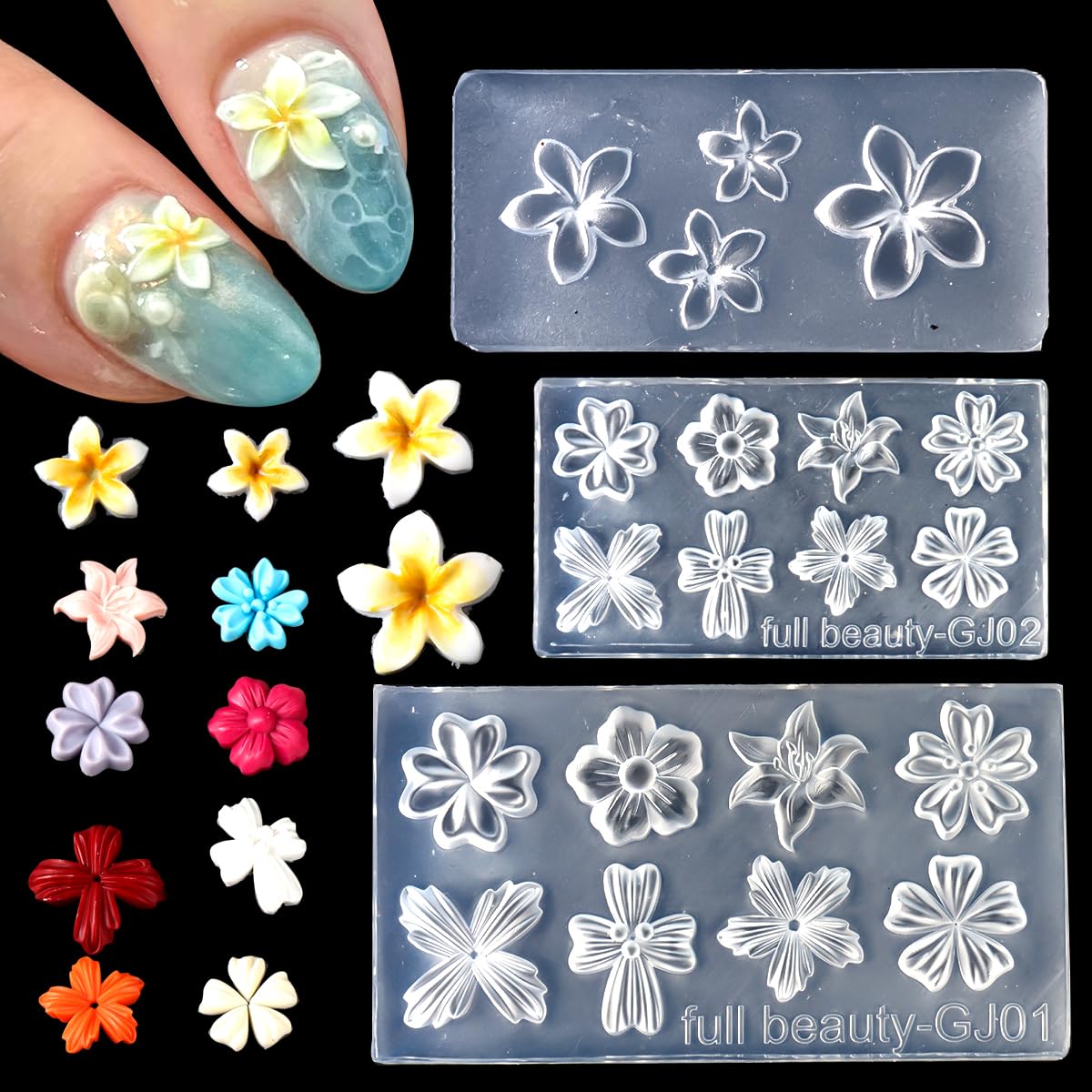 Silicone Nail Art Molds, 3PCS 3D Flowers Nail Charm Molds Lily Hibiscus Cherry Blossom Floral Design 3D Carving Template Modeling Gel Moulds for DIY Resin Craft Accessories-image-24