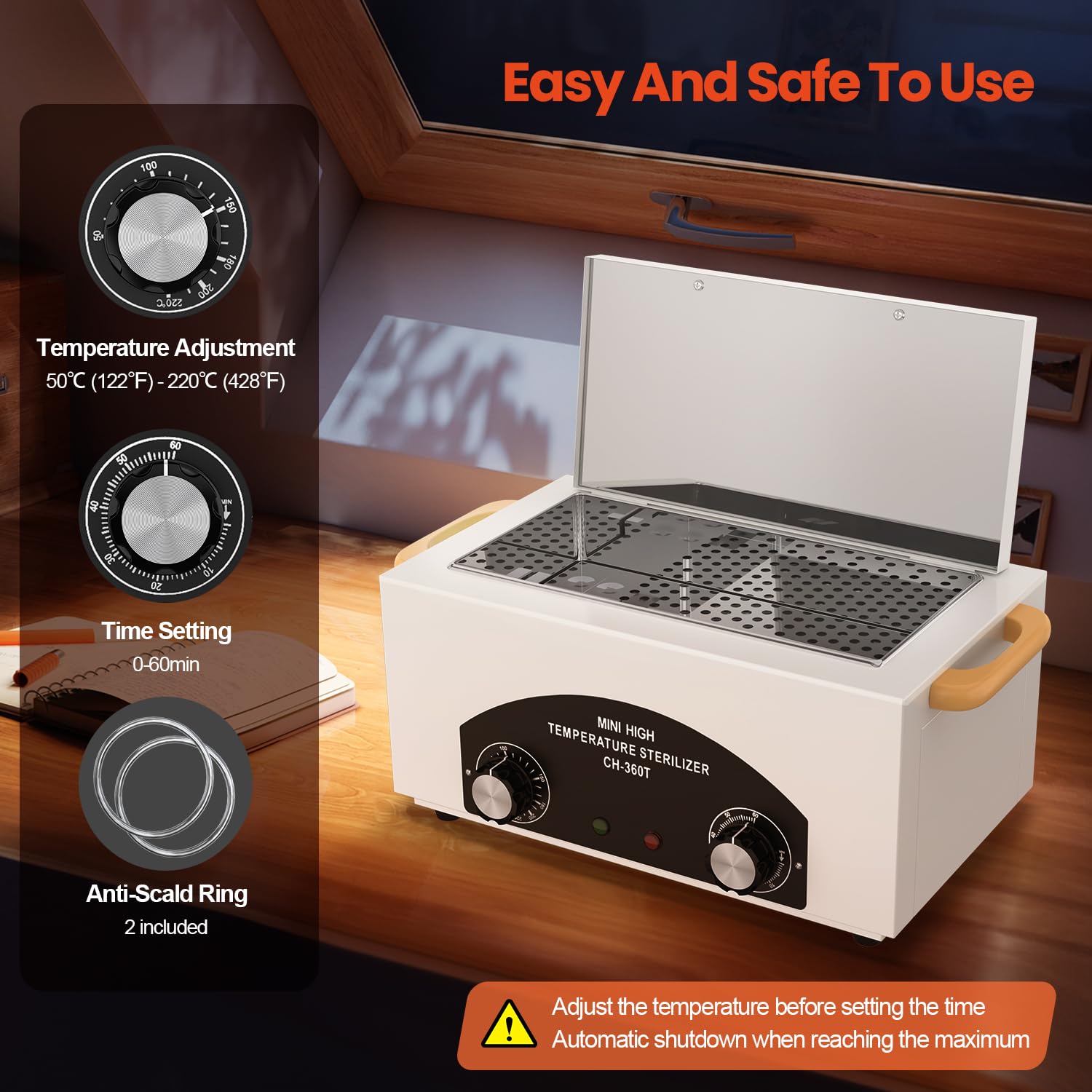 Máquina limpiadora de herramientas de metal de alta temperatura, caja de limpieza de calor seco de 2 litros con ajuste de temperatura y tiempo, gabinete de limpieza con asa, para salón de belleza