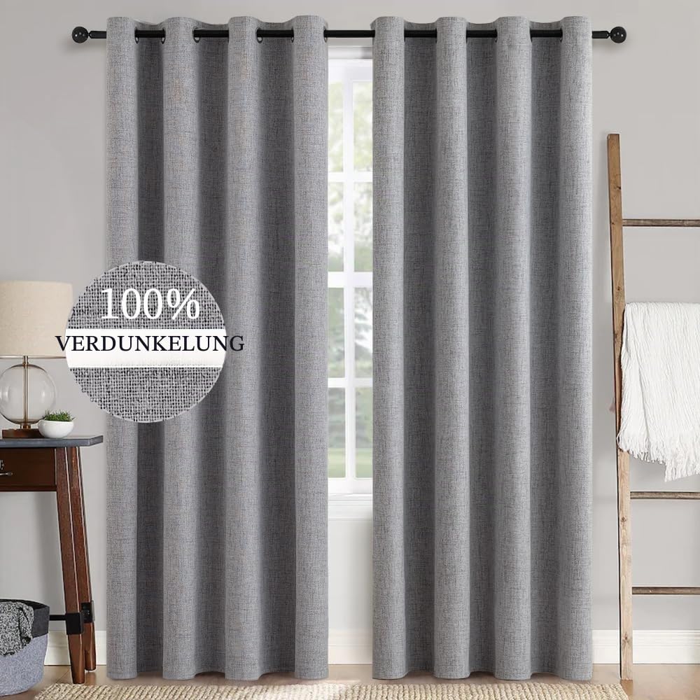 MIULEE Verdunklungsvorhänge mit Ösen Leinenoptik Hellgrau 2er 260x140cm – Ansicht 8
