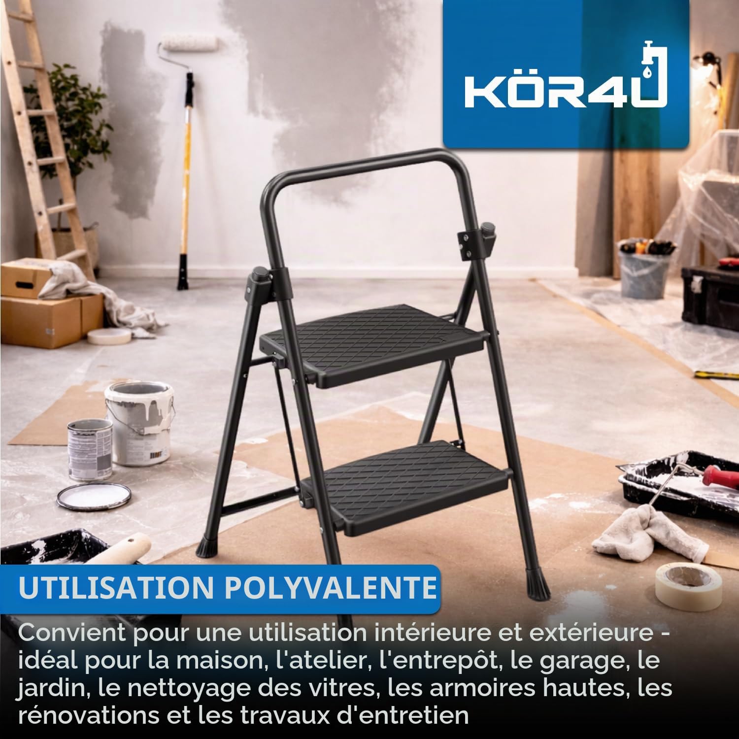 kör4u Escabeau à 2 marches, charge maximale jusqu'à 150 kg, pliant et peu encombrant, escabeau domestique stable, marches antidérapantes, cadre en acier, noir