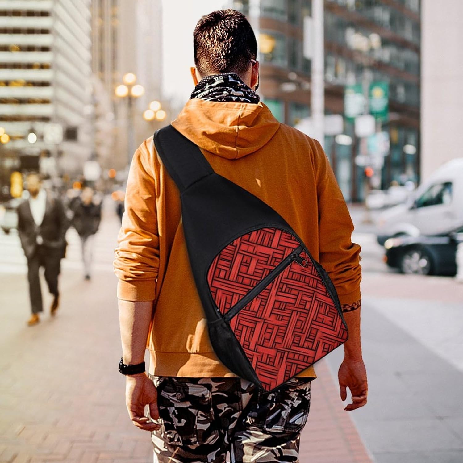 Red Japanese Woven Pattern Crossbody Sling Backpack Chest Bag Daypack | unisex,trendy,with convertible and detachable shoulder strap,side pockets