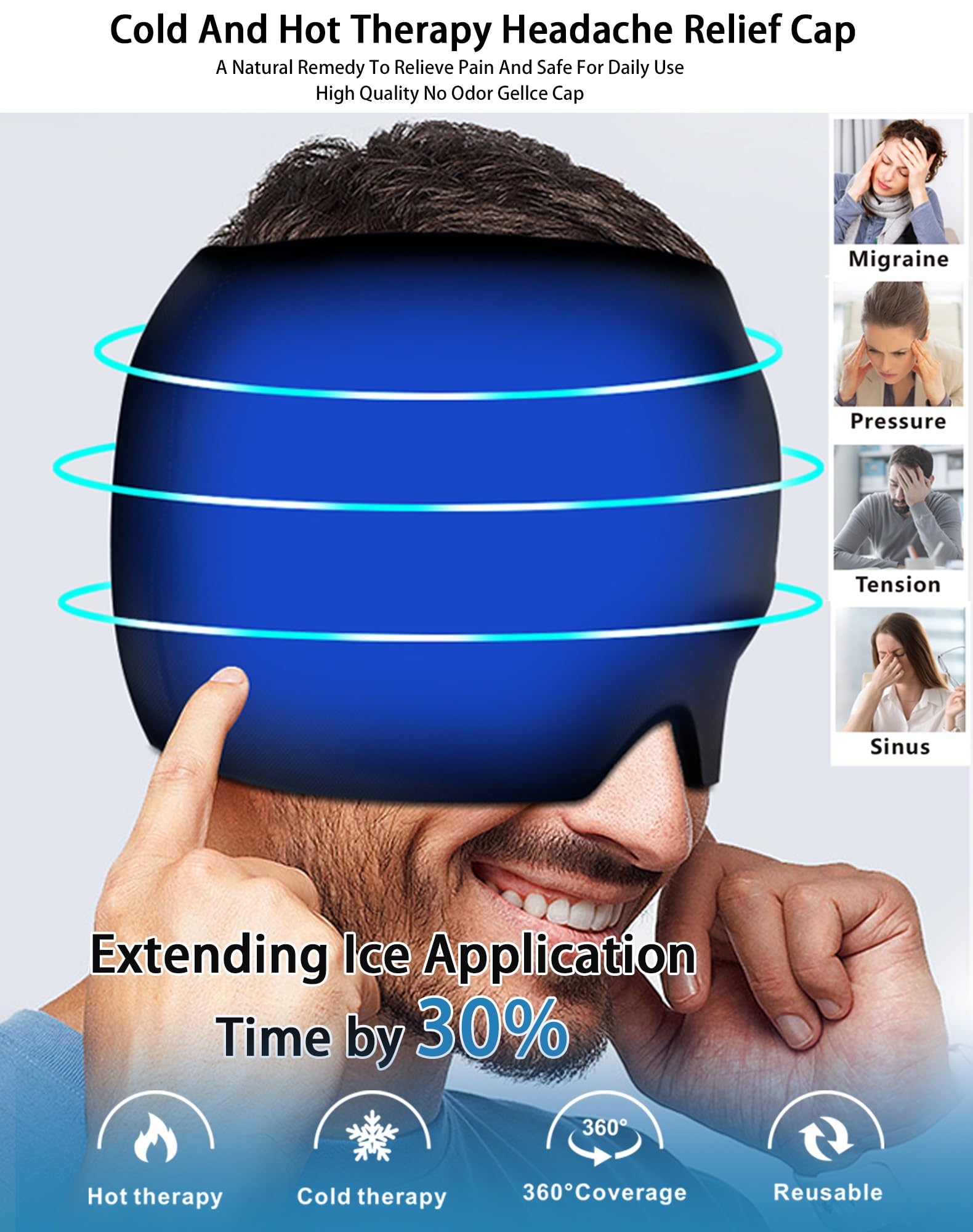 Headache Migraine Relief hat Migraine Relief Cap,Migraine Ice Head Wrap,Headache Relief Hat for Migraine, Headache Eyes Mask Gel Ice Cold Pack Cooling Gel Hat (Gray)
