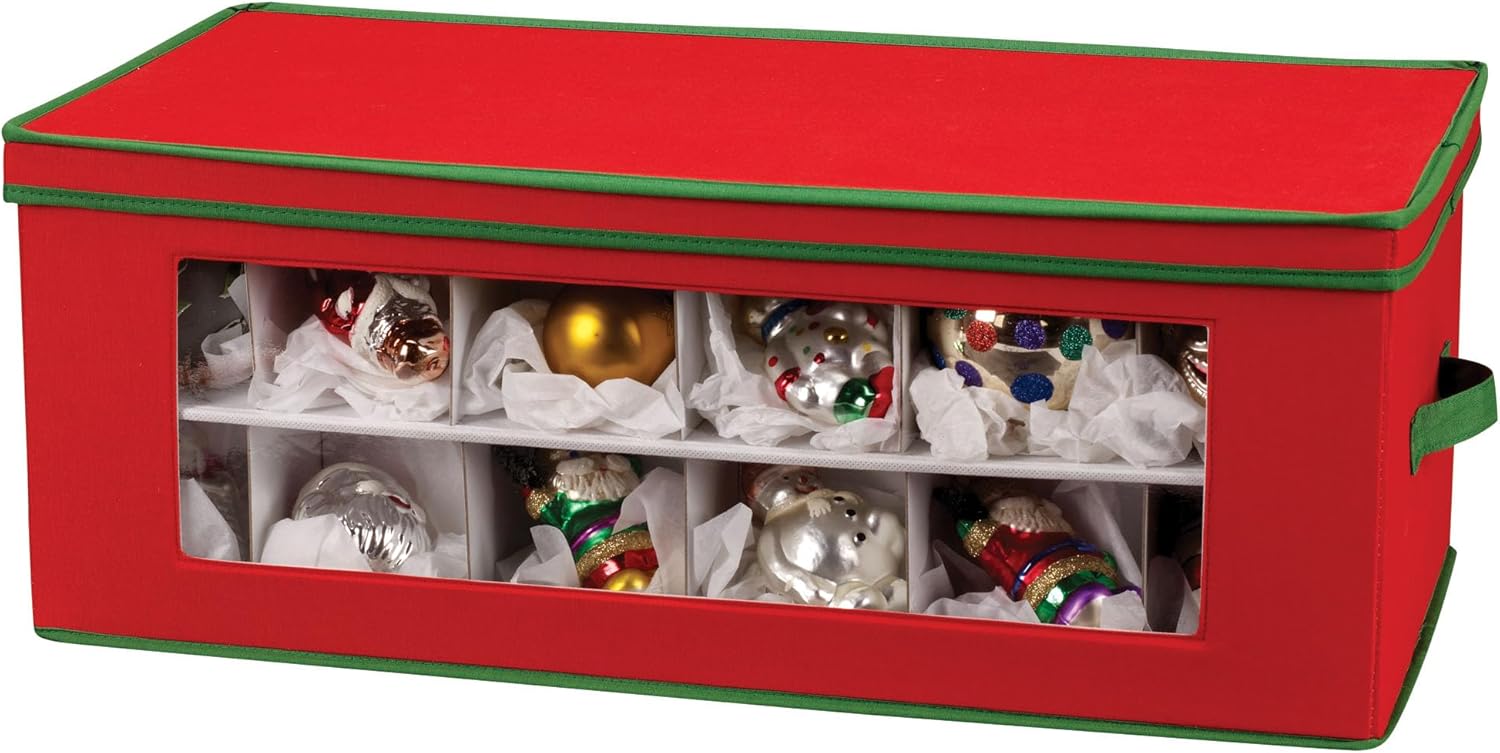 Household Essentials Ornament Storage Box, 36 Piece with Dividers, Sturdy and Stackable with Handles and Clear Plastic Window, Red Polyester Linen with Green Trim
