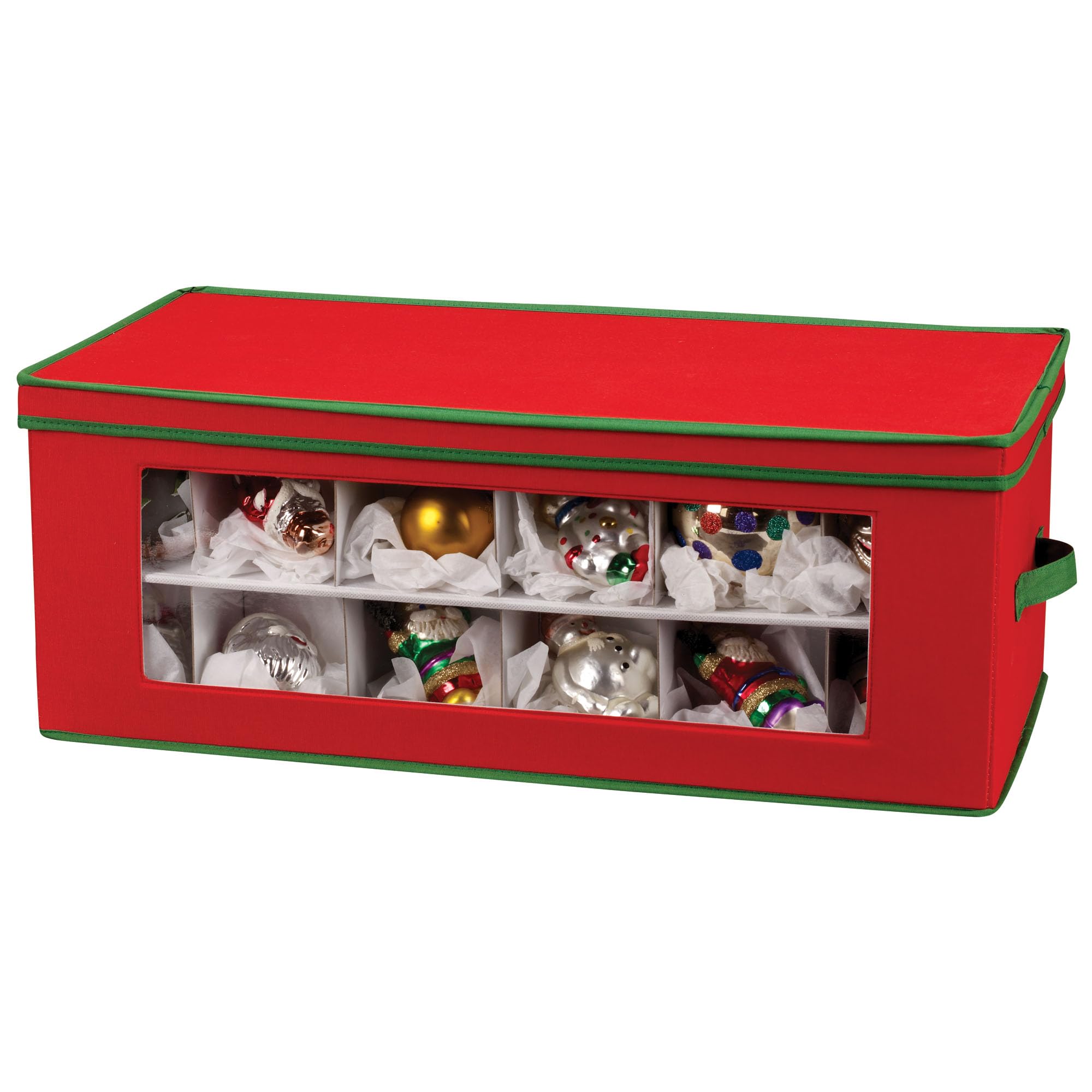 Household Essentials Ornament Storage Box, 36 Piece with Dividers, Sturdy and Stackable with Handles and Clear Plastic Window, Red Polyester Linen with Green Trim