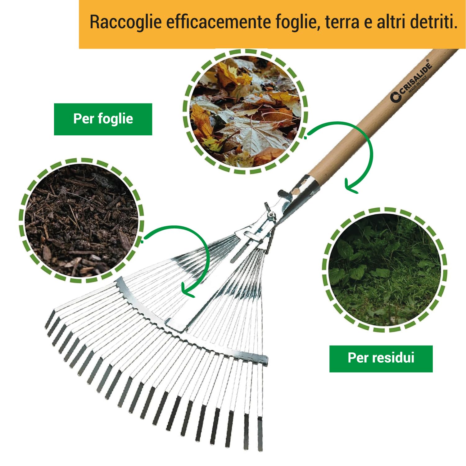 Crisalide®- Rastrello REGOLABILE + MANICO 150cm (faggio), Regolabile in metallo 22 denti