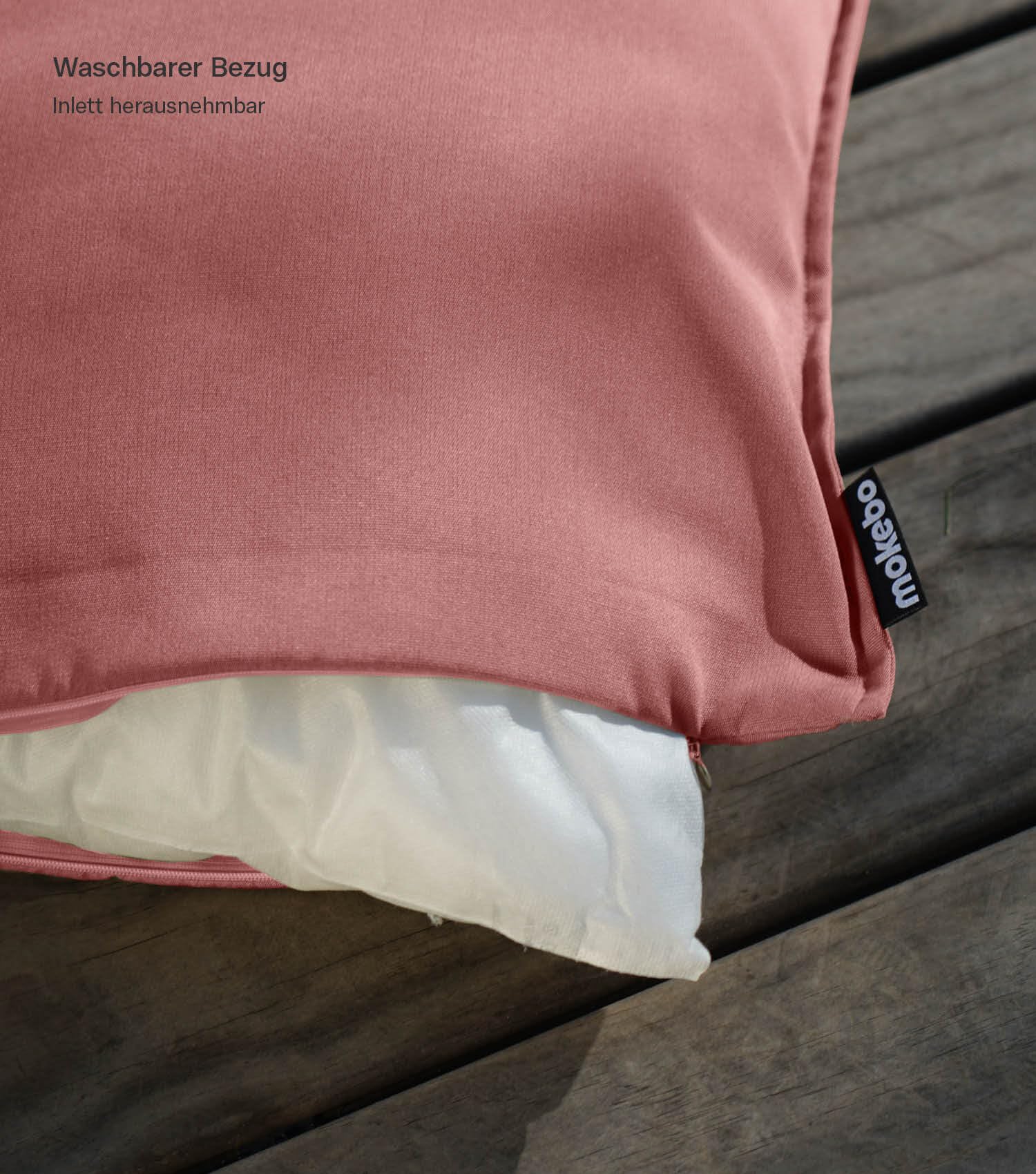 mokebo® Outdoor Kissen 'Die Auszeit' 2er-Set, (45x45cm) Terrassendeko, Sofakissen oder Kissen für Balkon, Terasse oder Garten, Dekokissen Bezug aus feinem Outdoorstoff in Koralle