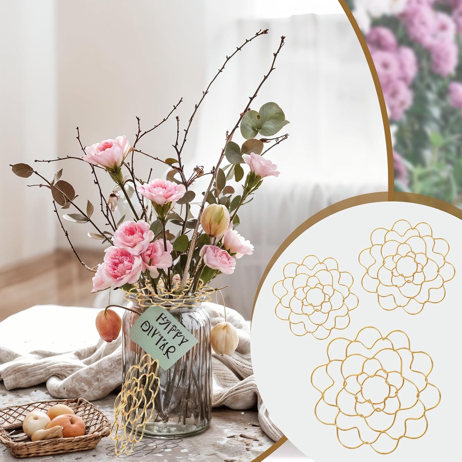 Classicseali 3pcs Flower Grid for Vase,4/5/6 in Floral Grid for Vase Bendable,Symmetrical Design,Smooth Lines Metal Wire Stem Holders for Flowers for Vasee Stems Bouquet Plant Fixation, Gold