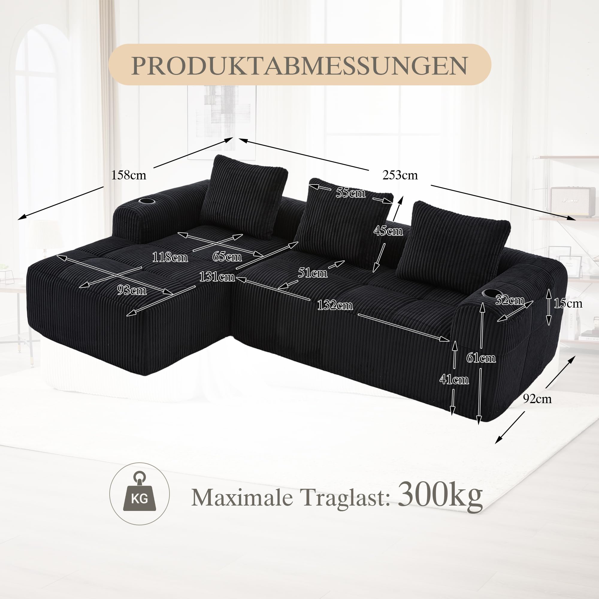 Modułowa sofa do spania z systemem łączenia DIY, wysokiej jakości szezlong z kieszenią boczną i 3 poduszkami, sofa z uchwytem na napoje, czarna