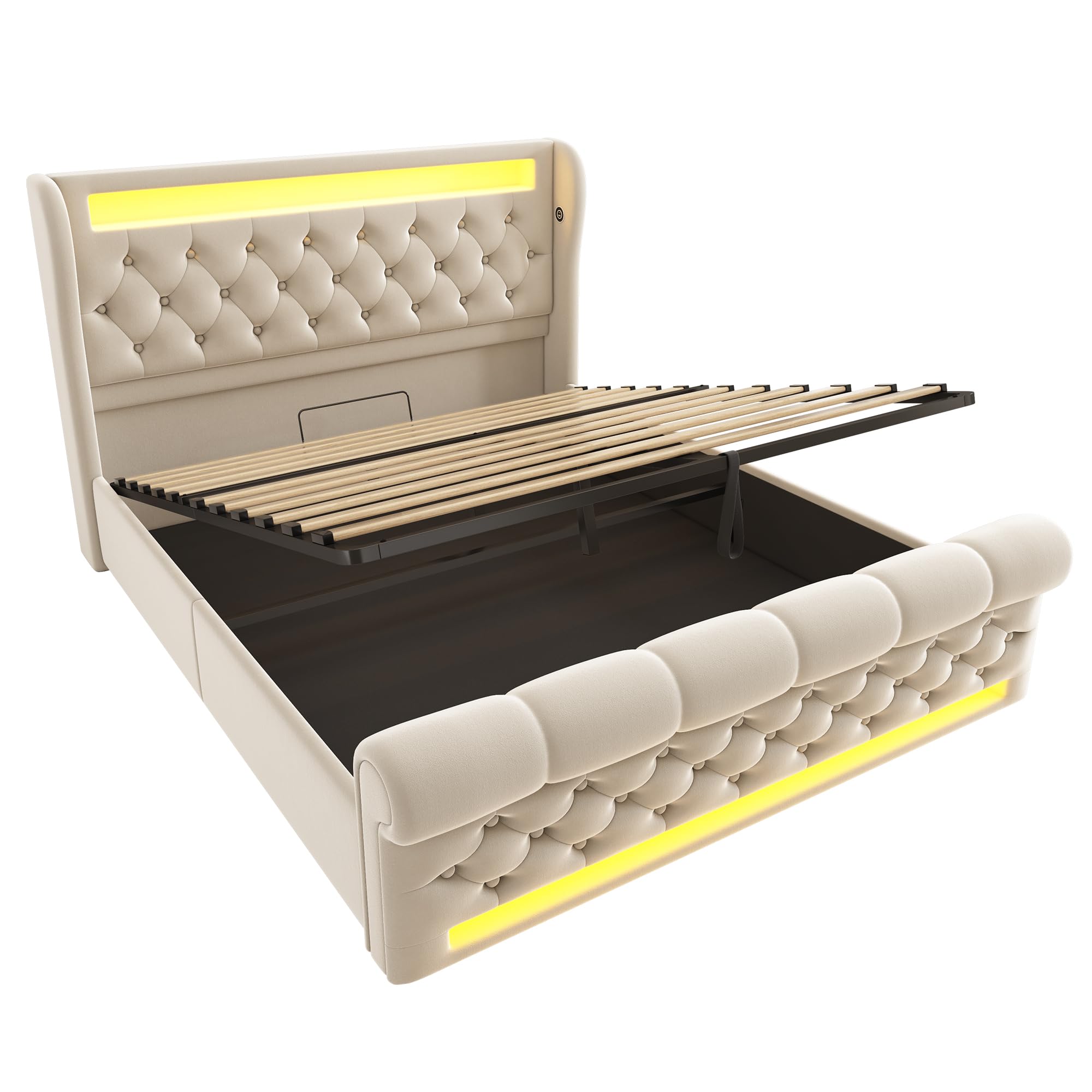 Cama 140x190 cm Camas Juveniles con USB-C y Luz LED, Cama Matrimonio Tapizada con Almacenamiento Hidráulico y Listones de Madera, Camas Matrimoniales, Terciopelo, Sin Colchón, Beige