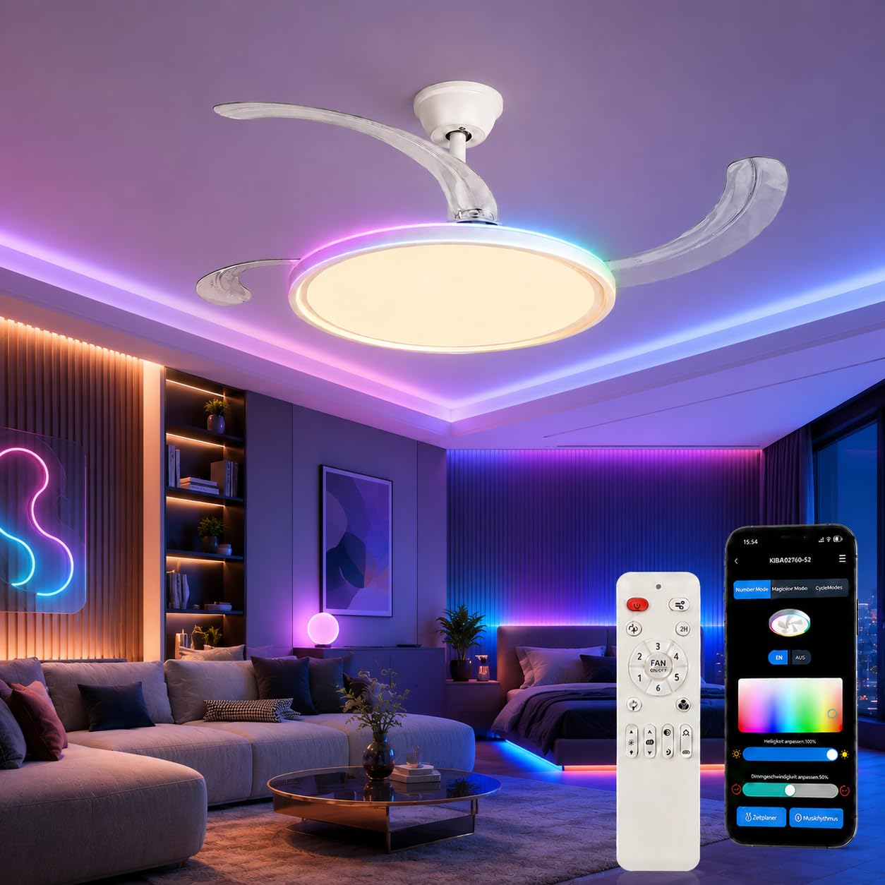 LED Deckenventilator mit Beleuchtung 50cm, Deckenlampe mit Ventilator RGB Hintergrundlicht, leiser Ventilator, APP & Fernbedienung, Sommer/Winter Modus für Schlafzimmer Wohnzimmer