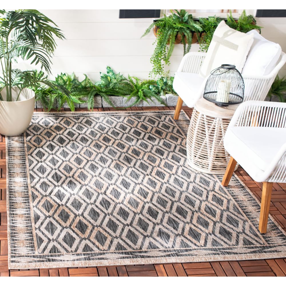 SAFAVIEH Washable Rug Outdoor Courtyard Collection - 5'3" x 7'7", Black & Natural, Non-Shedding & Easy Cleaning, Ideal for Patio, Backyard, Mudroom (