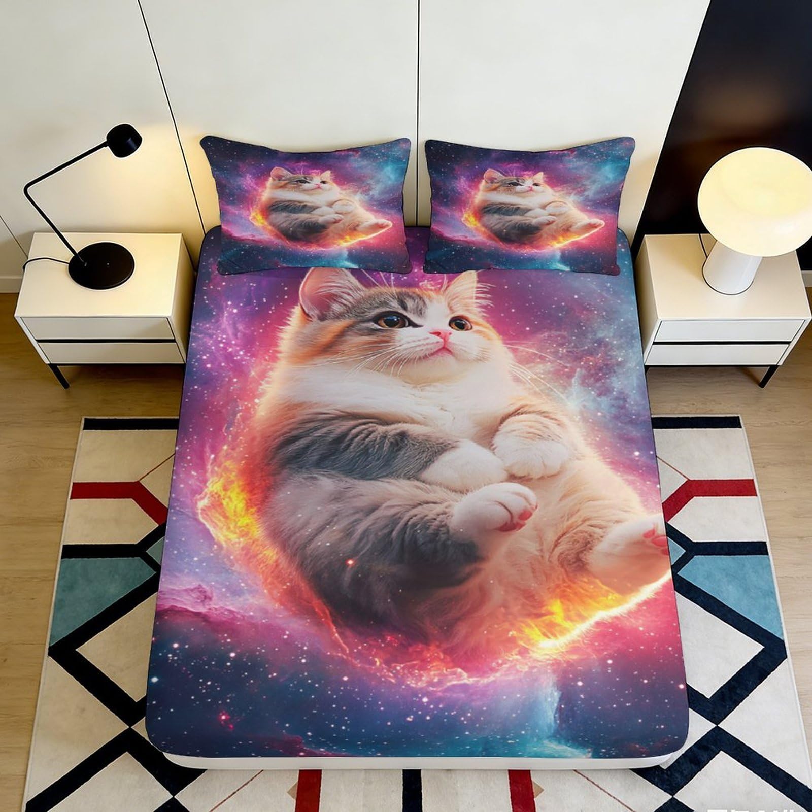 Pnayamiorkfel Style-5 3D Printed Galaxy Cat Fitted Sheet Microfiber Soft Slip-Resistant Cosmic Nebula Bed Cover For Bedroom Dorm Easy Care 90X200x25cm