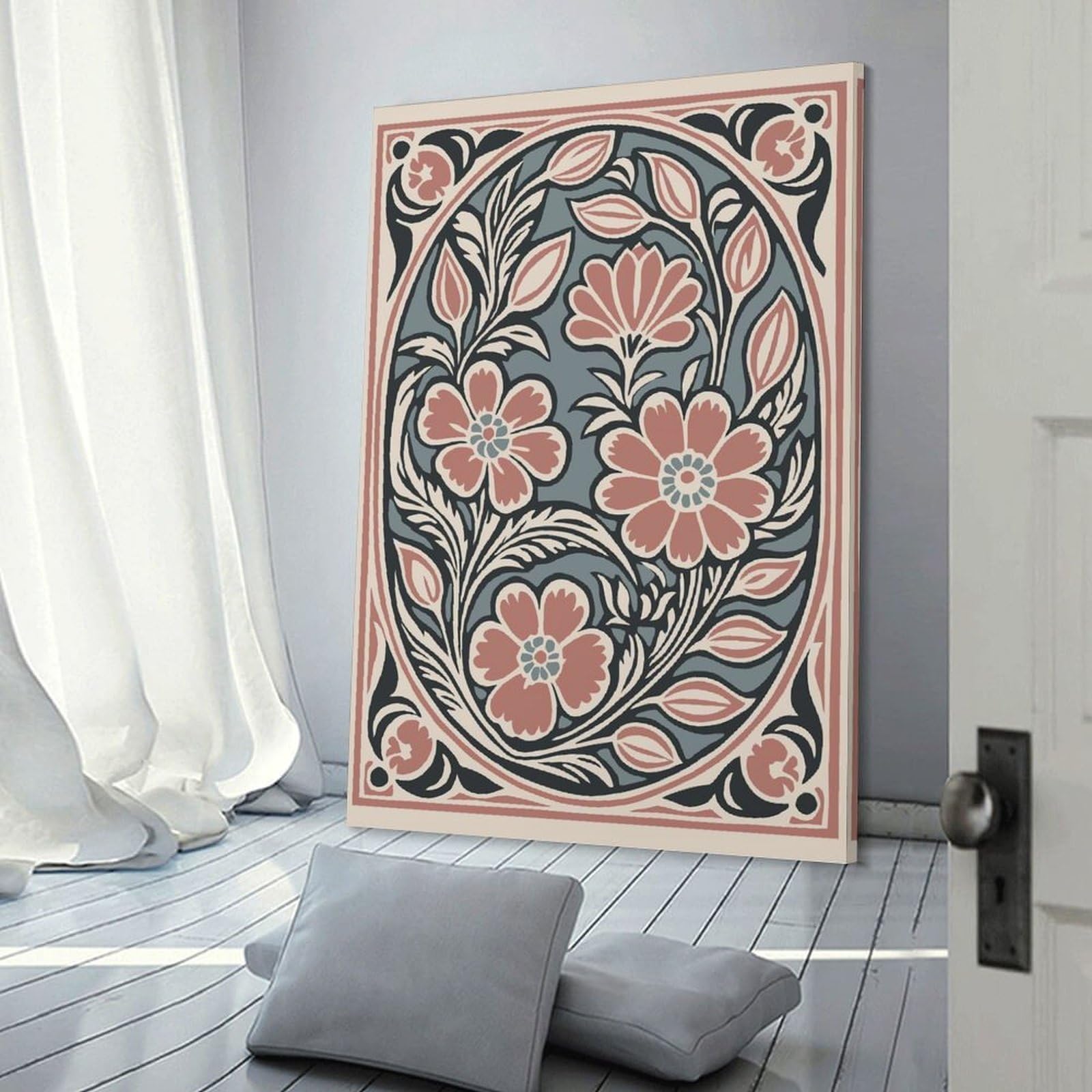 Junmoney Frame-Style-14-1 Wall Picture Print Floral Art Nouveau Illustration, 20X30inch(50X75cm), For Lounge, Bedroom Or Personal Spaces, Canvas Artwork With Gifting Potential