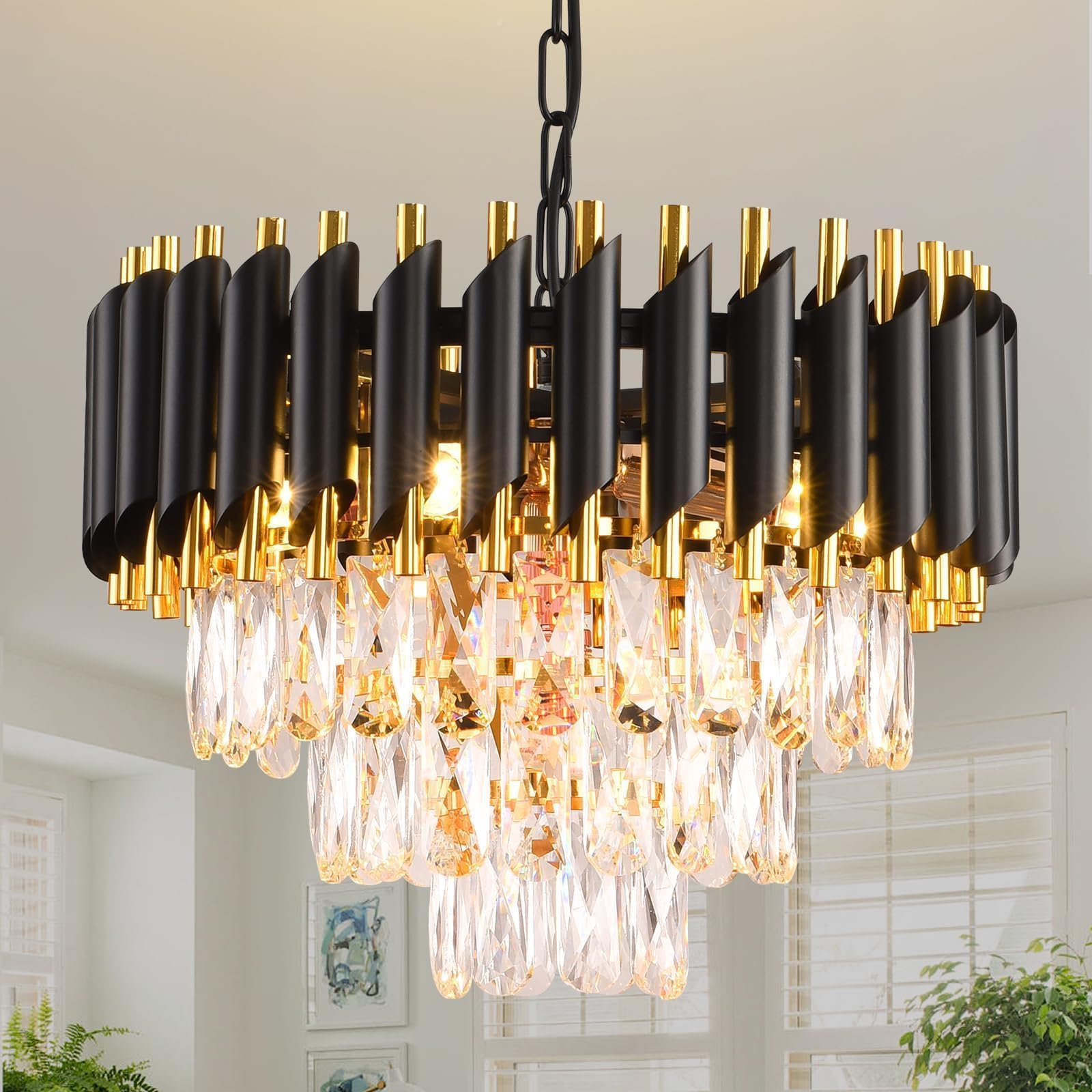 Black and Gold Crystal Chandelier Pendant Light Fixture Flush Mount Ceiling Lighting 3 Tiers Modern Crystal Chandeliers for Living Room Dining Room Bedroom Bathroom Foyer E14*5 Light