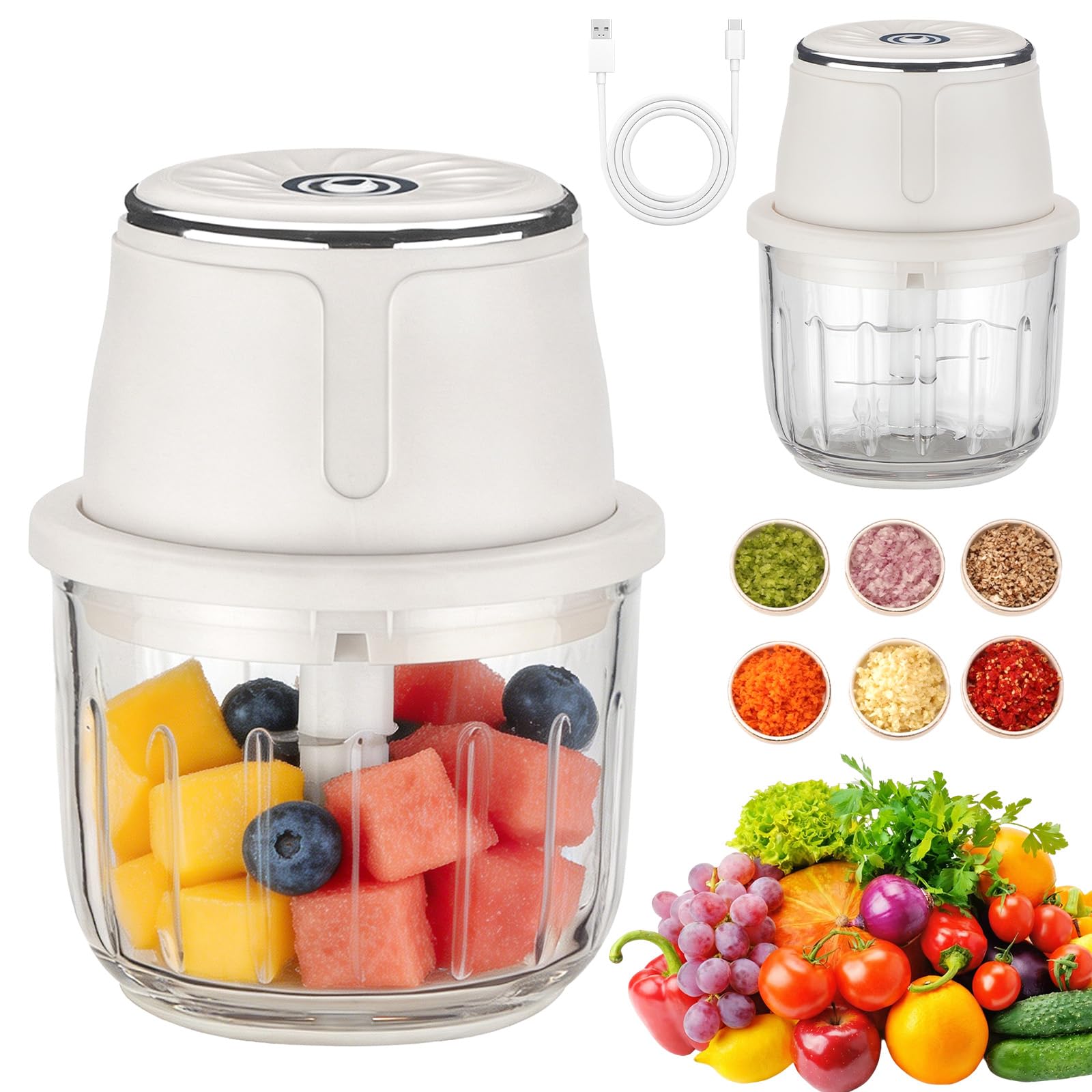 Zwiebel Zerkleinerer 350 ml, Elektrischer Küchenzerkleinerer, USB-C aufladbar, 6 Edelstahlklingen, tragbarer Zwiebelhacker für Fleisch, Nüsse, Obst, Knoblauch – kabellos für Zuhause & Camping