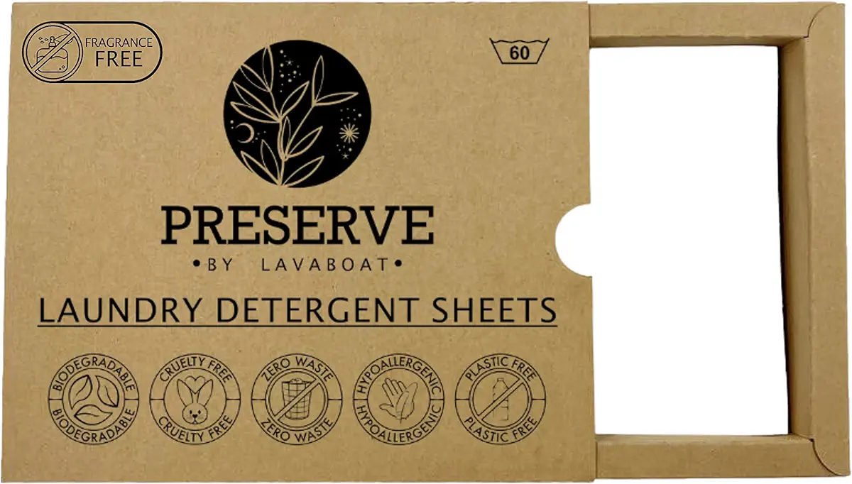 Preserve Eco Friendly Laundry Detergent Sheets by LavaBoat - Ultra Concentrated Strips, Plastic Free, Zero Waste, Biodegradable Packaging, Cruelty Free, Hypoallergenic Soap, Paraben Free, Phosphate Free, and Non-Toxic - 60 Loads (Fragrance Free)