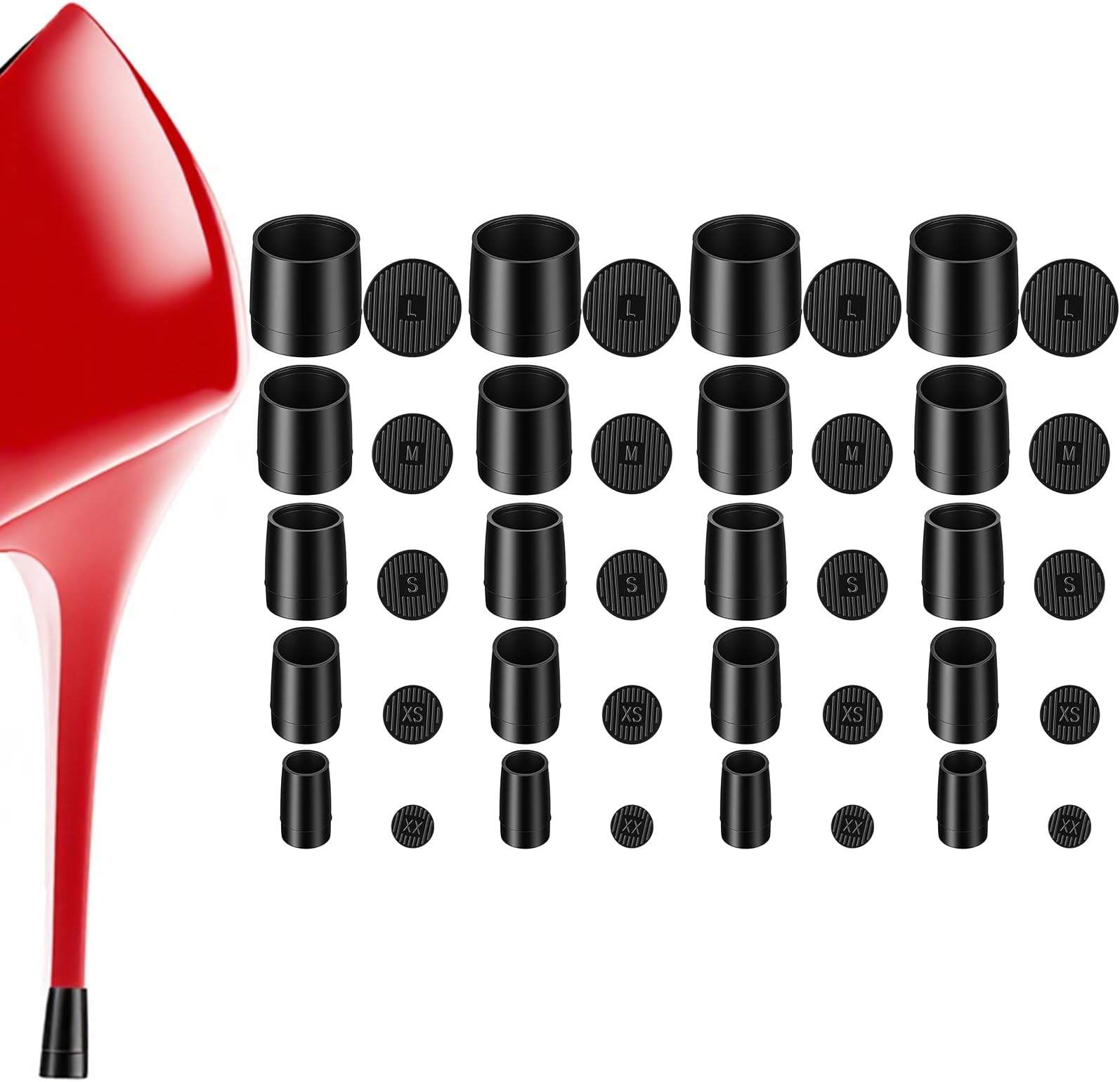 20PCS Heel Caps for High Heels, 5 Sizes High Heel Protectors Anti-Slip Noise Reducing Black Shoes Heels Replacement Tips for Women Wedding, Grass, Wetlands Outdoor Events (XXS, XS, S, M, L)