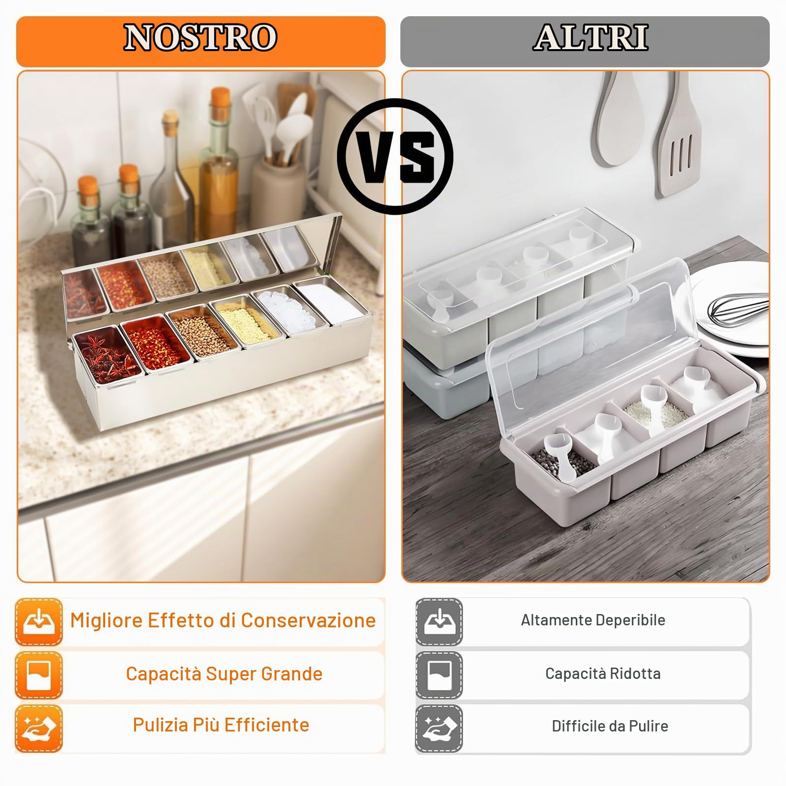 Portacondimenti, Set di 6 Condimento Box Spezia Jar, Sei Scatola di Condimento in Acciaio Inox Estraibili con Coperchio e 6 cucchiai per spezie, sale e zucchero, condimenti, 46x 15cm