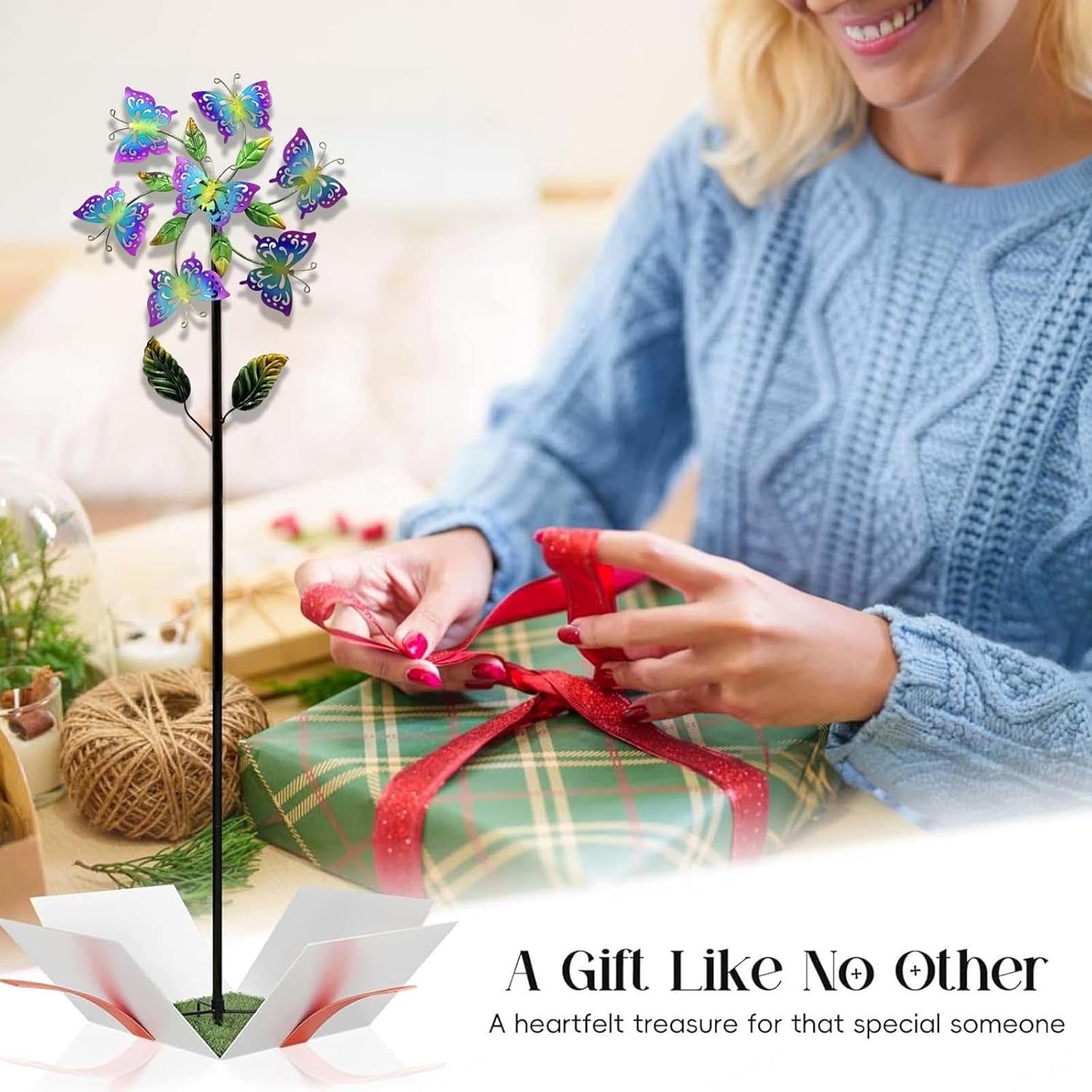 Butterfly Garden Wind Spinners, 46 inch/117cm Wind Yard Decorations 360° Metal Windmills, Wind Sculptures for Yard, Garden, Lawn Decor,A+B（4Packs）