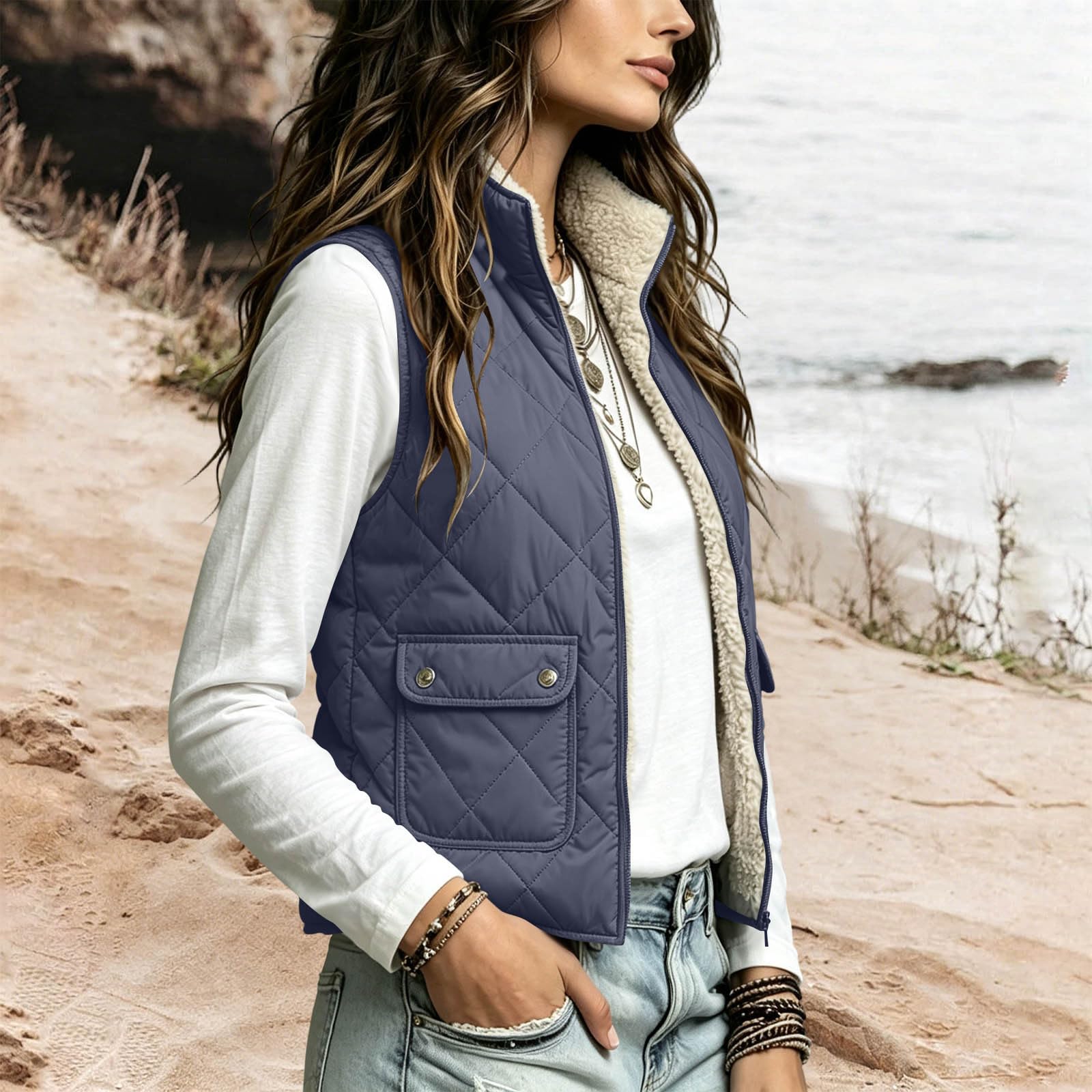 Capispalla casual da donna con colletto alla coreana, gilet trapuntato
