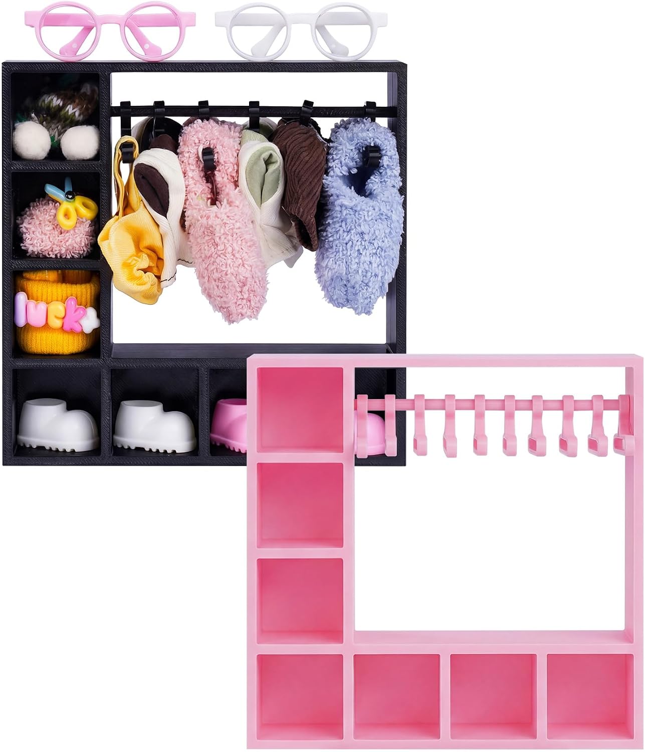 BABESIDE Doll Clothes Closet, Doll Clothes Storage with 2 Wardrobes & 20 Hangers, Doll Accessories Closet Set for 15/17 cm Dolls, Doll Closet Organizer Display (Pink & Black)