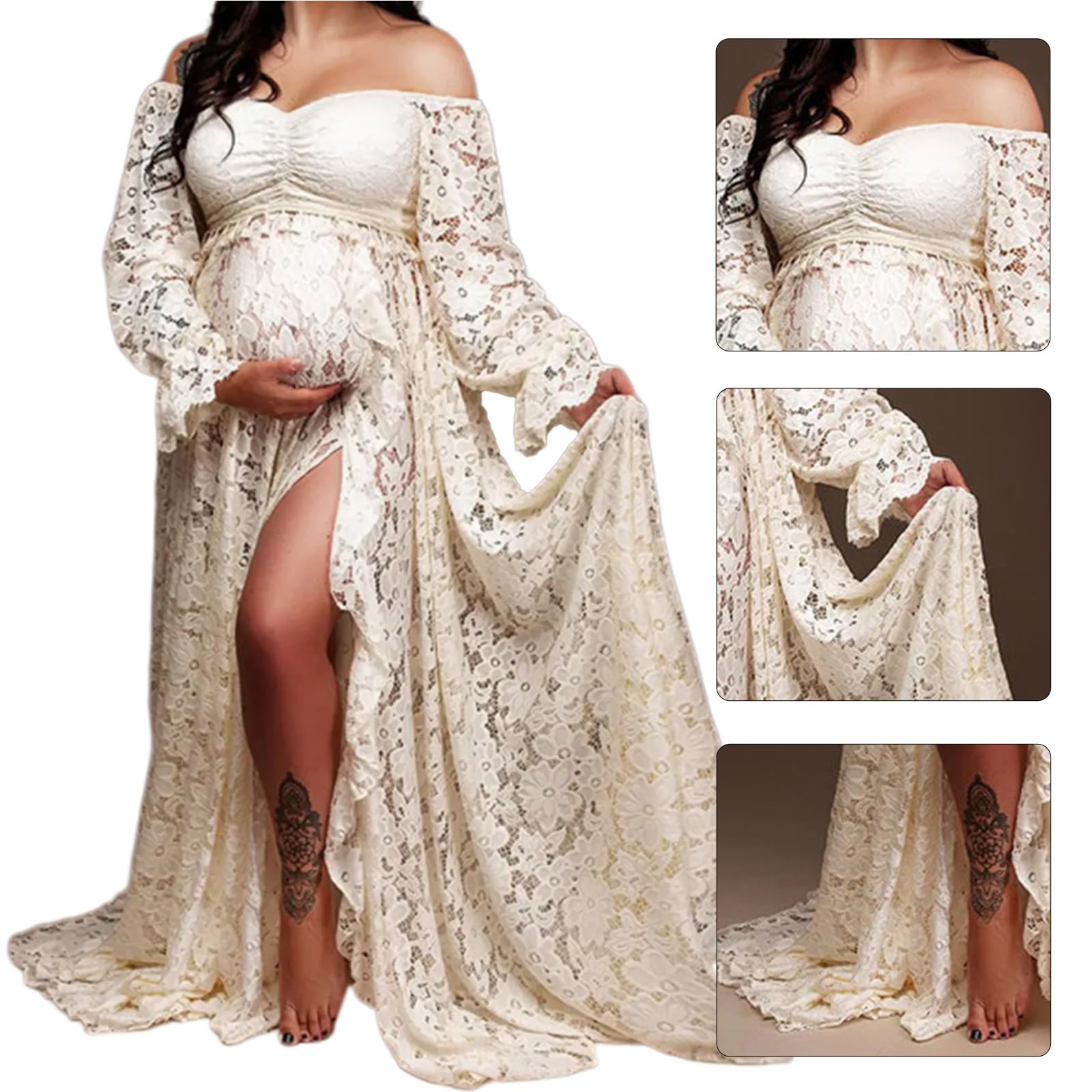 PURPLELILY Robe de maternité à manches longues et épaules dénudées pour femme - Robe de grossesse longue pour séance photo