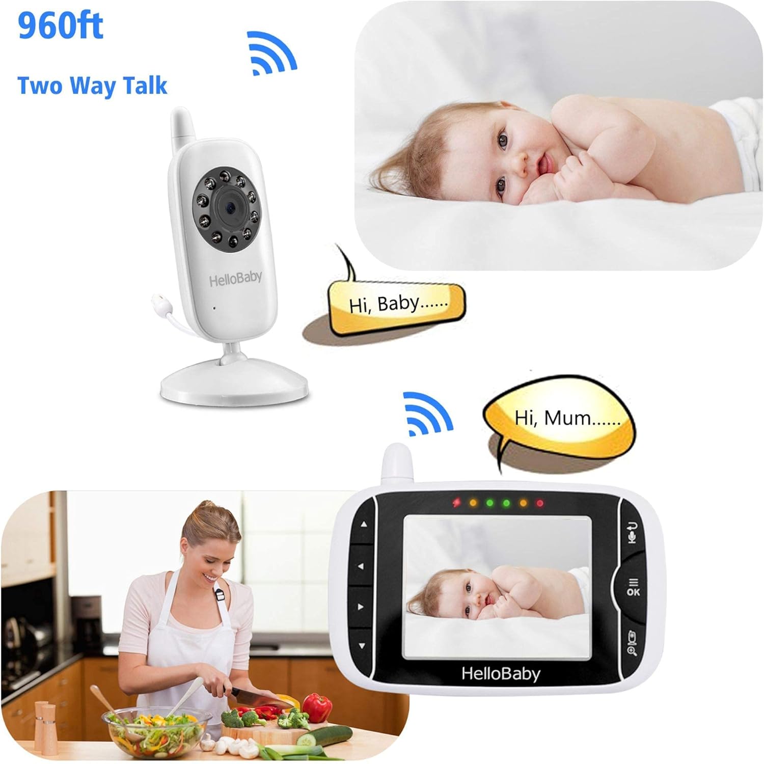 Illustration of two-way talk feature with parent and baby