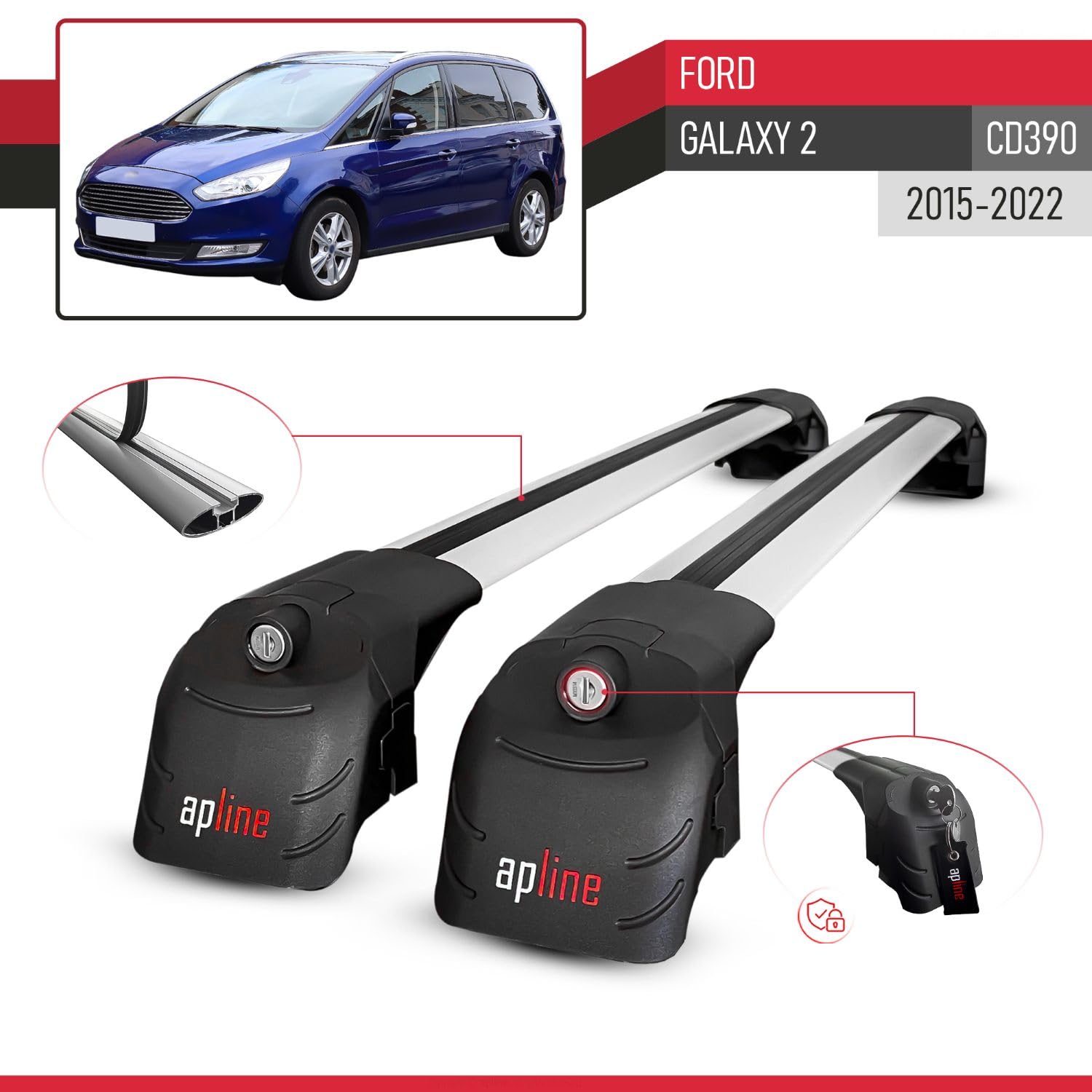 Kompatibel mit Ford Galaxy 2 (CD390) 2015-2022 ACE-2 Modell Relingträger Dachträger Auto Gepäckträger Grau Aluminium 2 Stangen