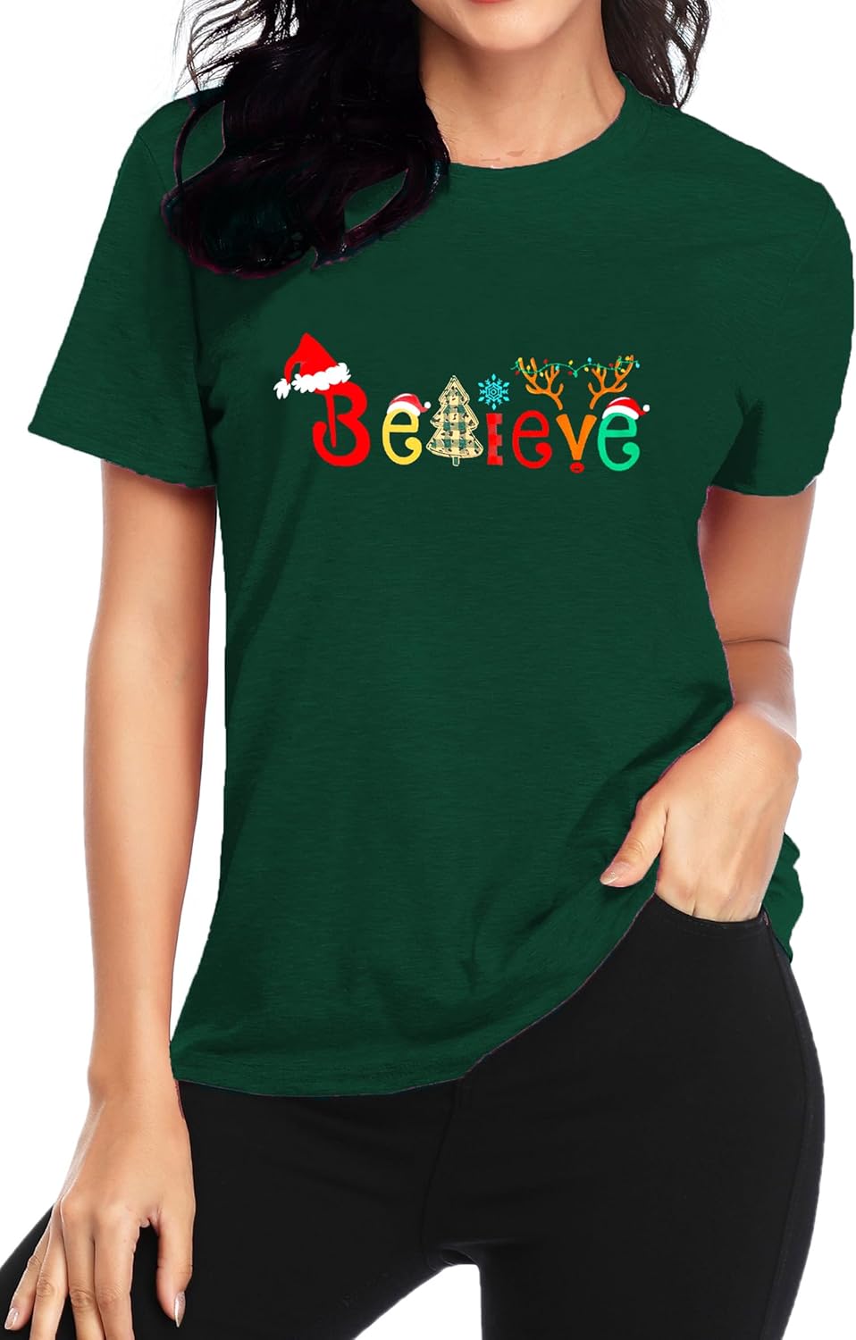 Believe Christmas Shirts for Women Christmas Tree T-Shirt Believe Letter Graphic Tees Tops - Image 3