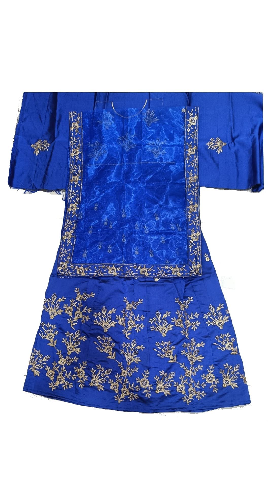 FOO-FAA Blue Unstitched Cotton Silk Golden Zari Embroidery Work Ghanghra Lahenga/Choli/Dupatta Set