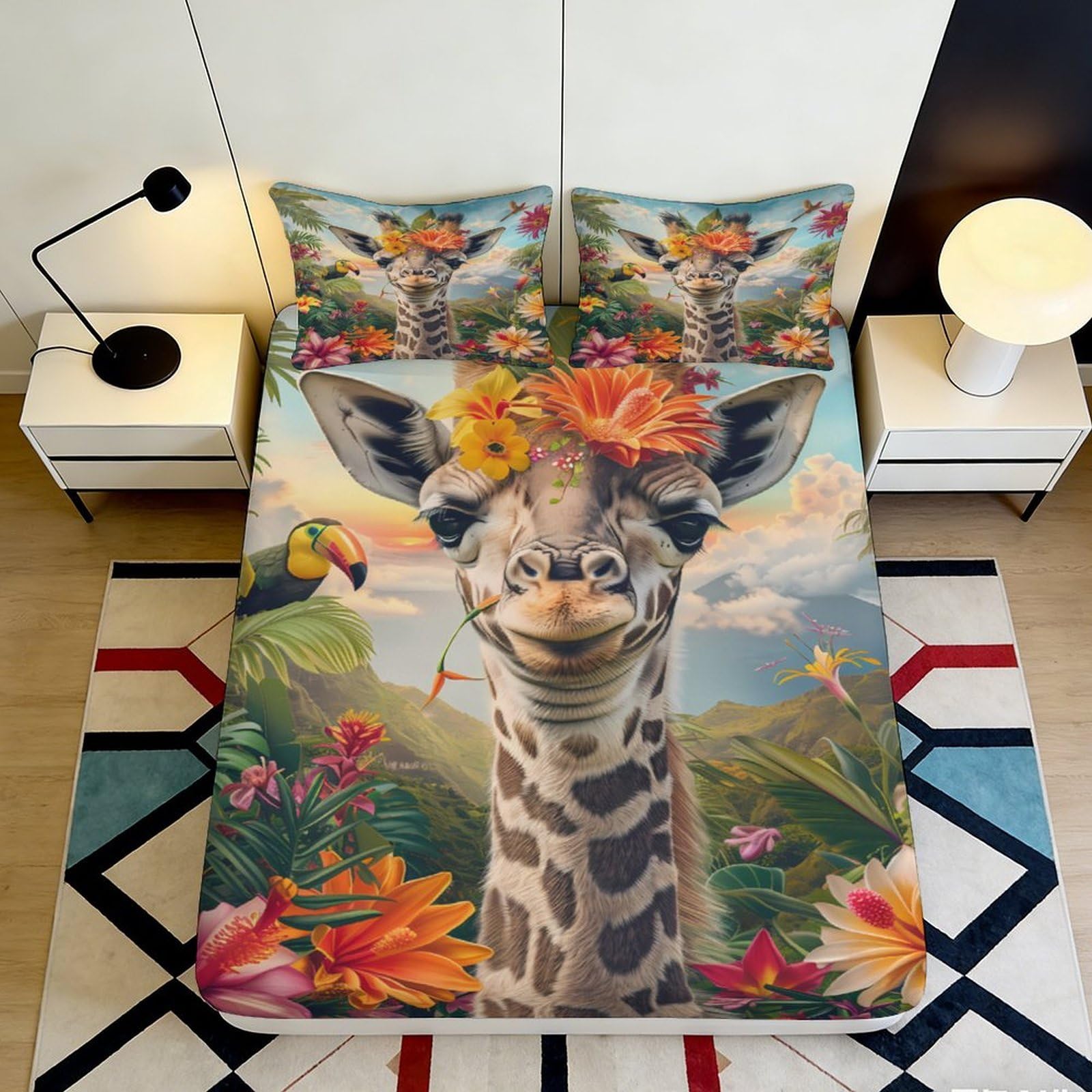 3D Printed Giraffe Floral Fitted Sheet Microfiber Deep Pocket Bedroom Bedding Elastic Giraffe Mattress Fitted Cover Washable 180x200x25cm