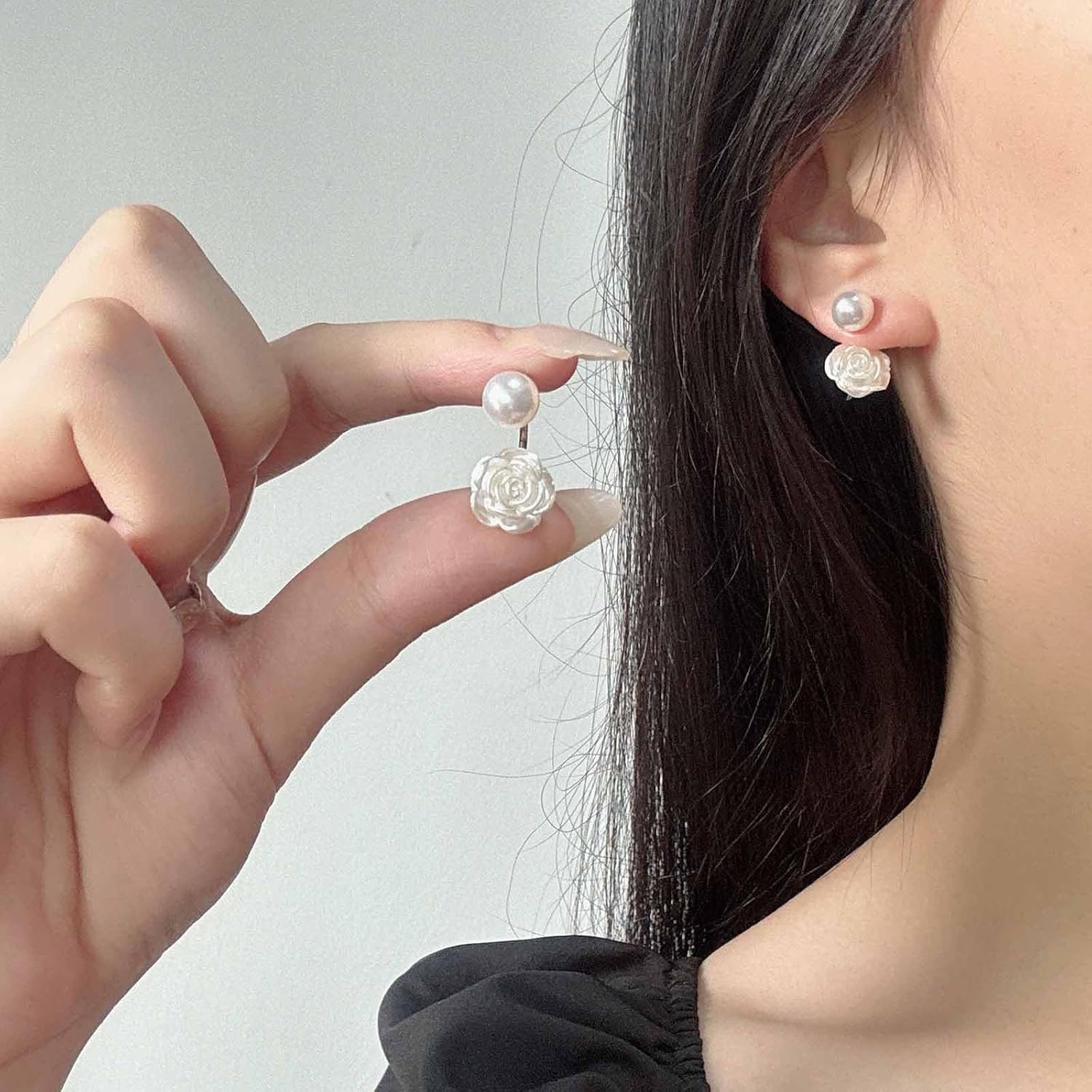 Bohemian Pearl Camellia Jacket Earrings White Enamel Flower Drop Earring Round Pearl Stud Earring Enamel Camellia Flower Dangle Earrings Jewelry for Women - Image 5