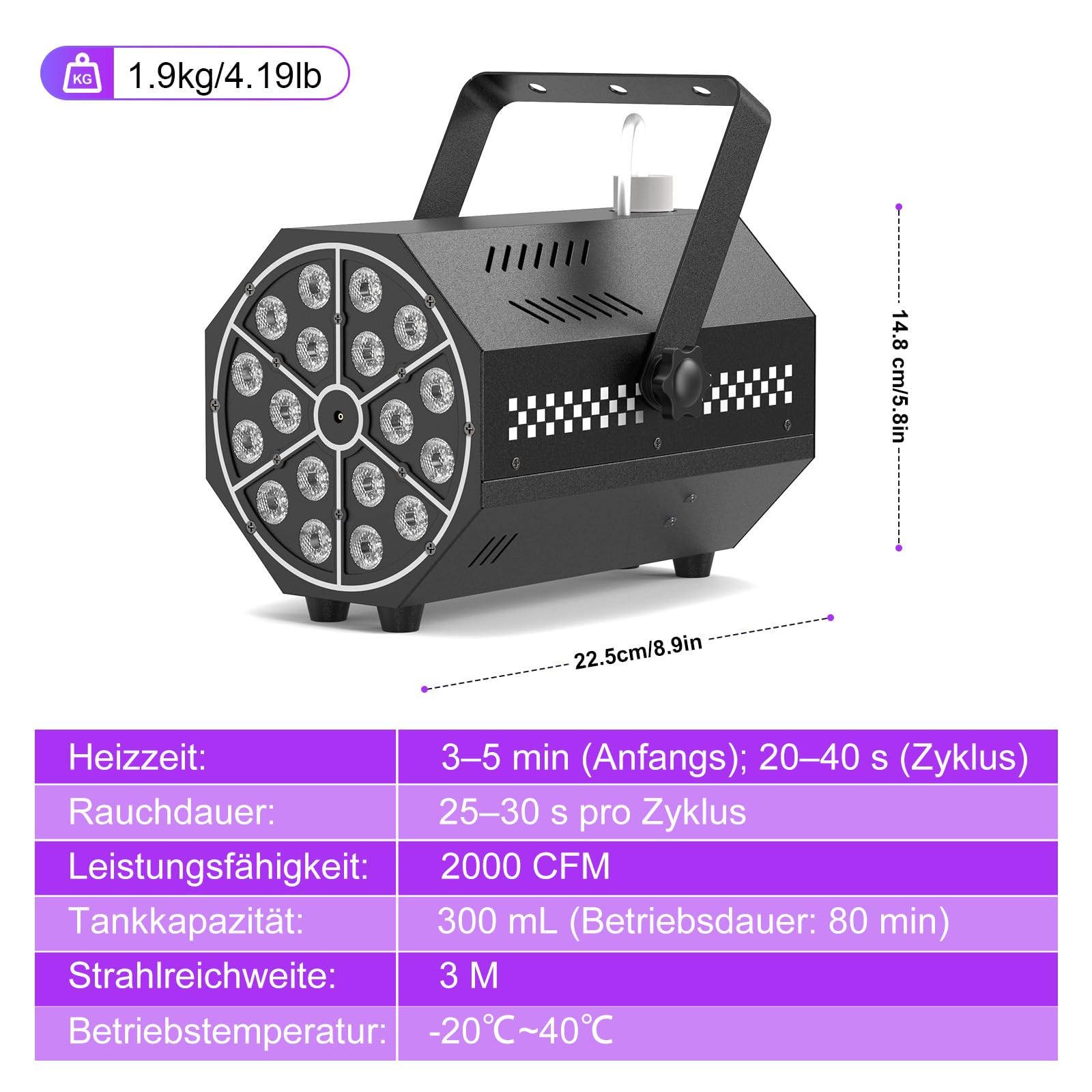 Machine à fumée, 18 LED RVB avec télécommande, LED lumineuses, dégradé de couleurs, saut, impulsion, stroboscope, pour fêtes, Noël, Halloween, DJ, scènes et extérieur