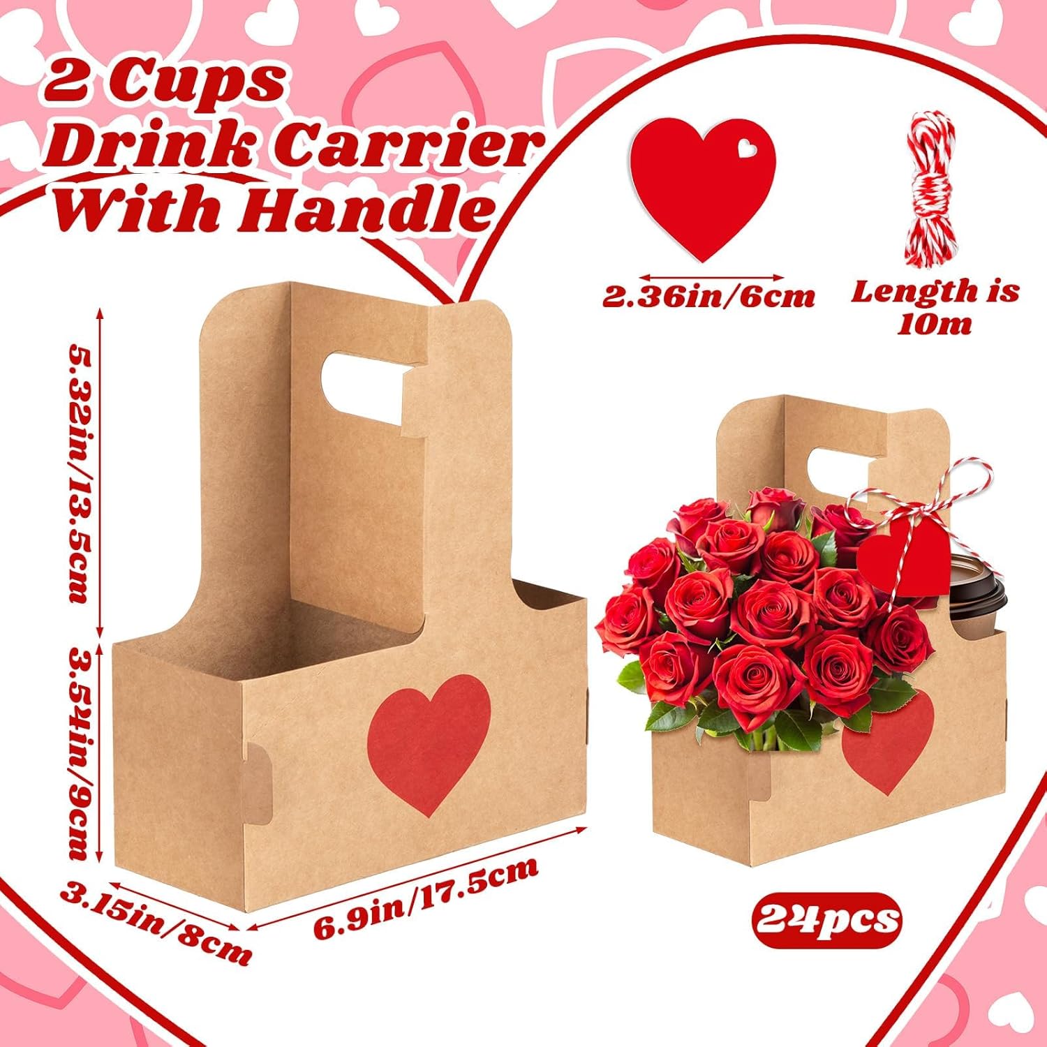 24 Pcs Valentines Day 2 Cup Drink Carrier Paper Flower Bouquet Gift Bags with Handle Disposable Drink Carriers Kraft Drink Carrier with Handles for Valentine's Day Gifts Birthday Party Favors - Image 2