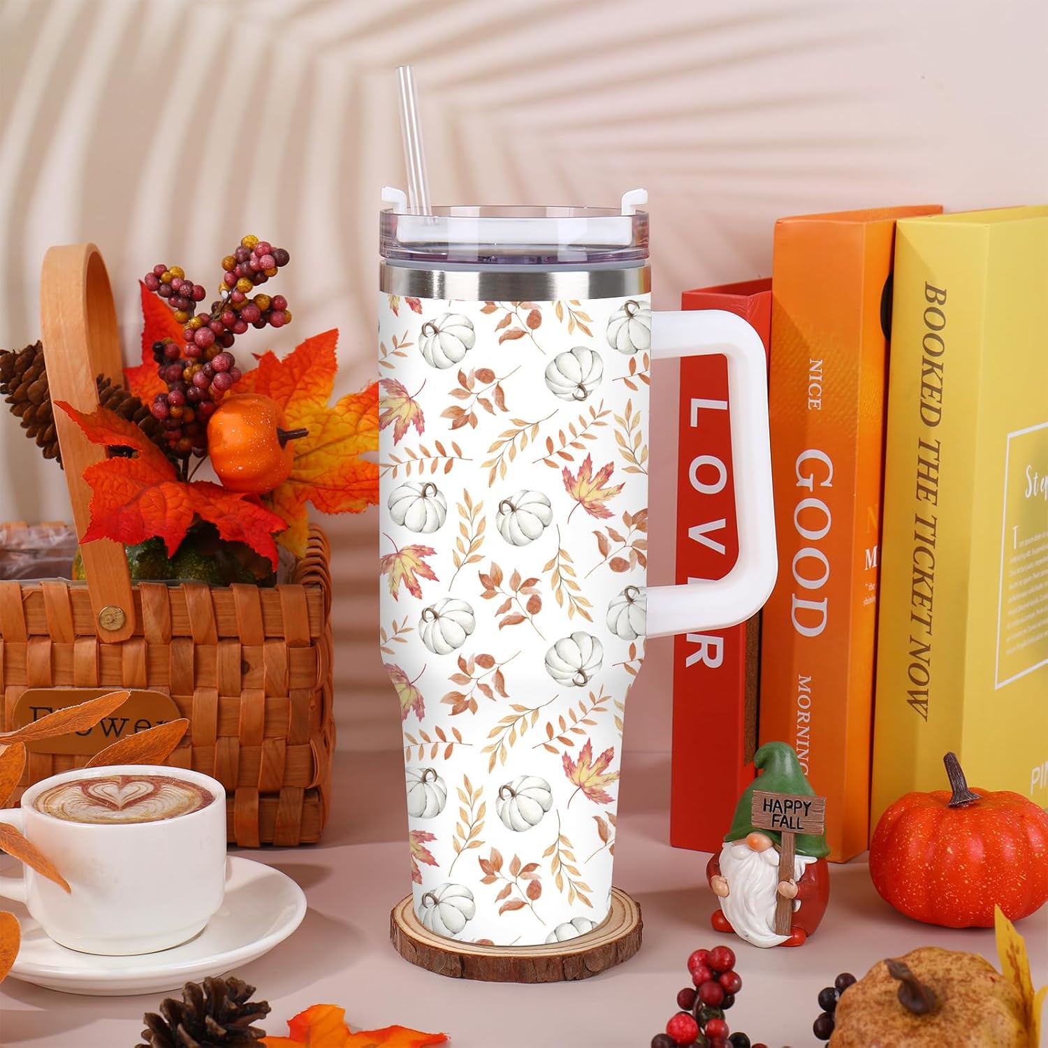 Fall Tumbler with Straw and Lid White Pumpkin Leaves Stainless Steel Travel Coffee Tumbler Cup with Handle for Autumn Thanksgiving Party Home Office Supplies - Image 5
