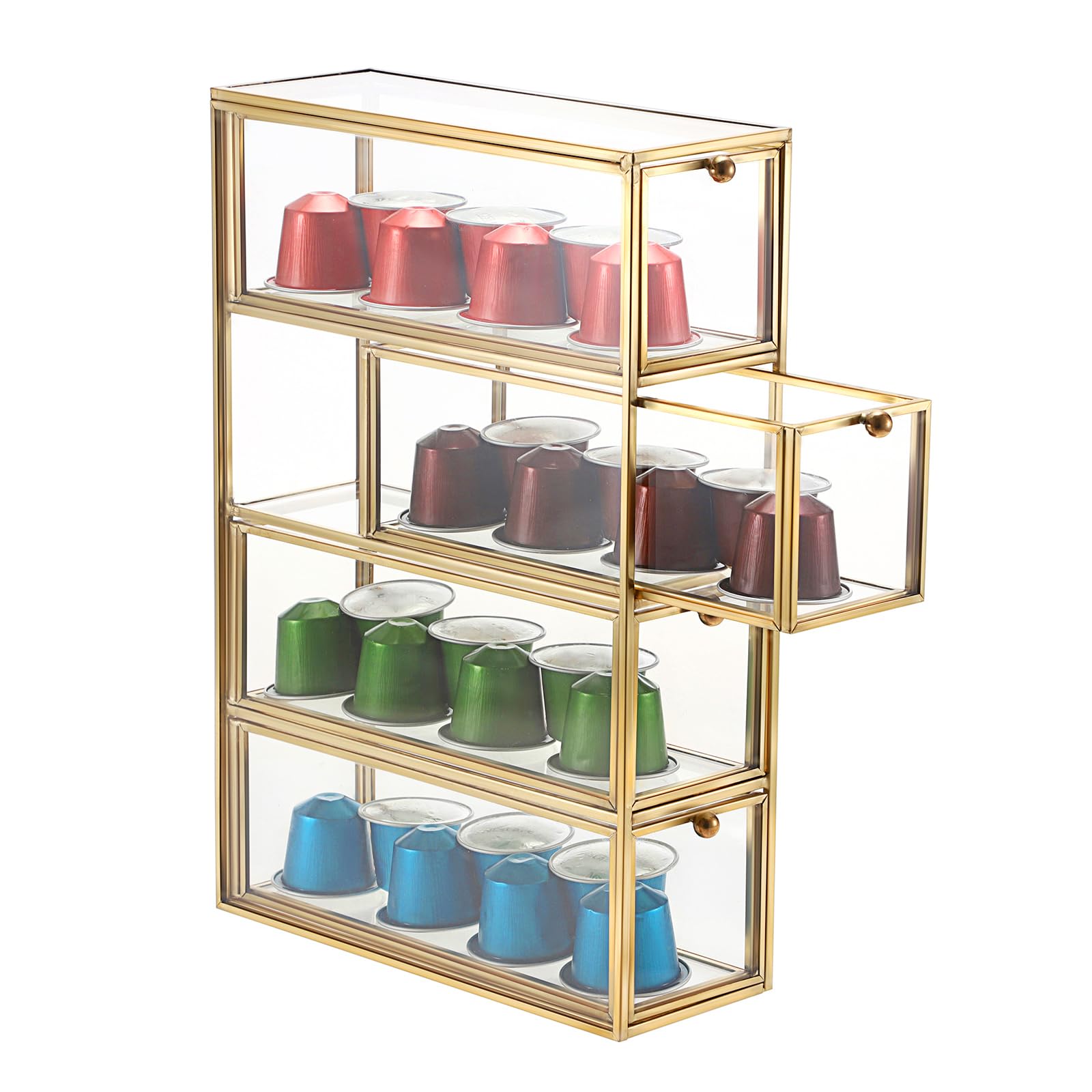 ELLDOO Coffee Pod Holder with 4 Drawers, Gold Glass Coffee Pod Organizer for K Cup Espresso, Clear Coffee Capsule Storage Holder for Coffee Bar Office