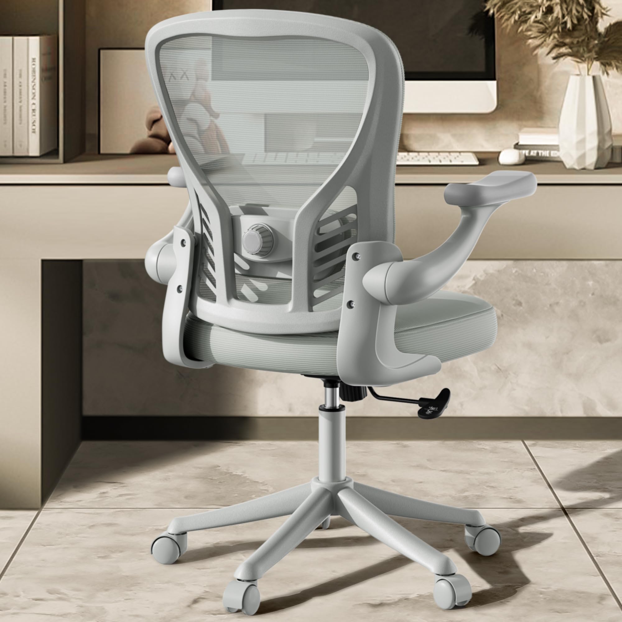 Ollega Computer Desk Chair with Wheels, Mesh Office Chair with Flip Up Arms, Adjustable Lumbar Support, Swivel Desk Chair Comfy, All Grey