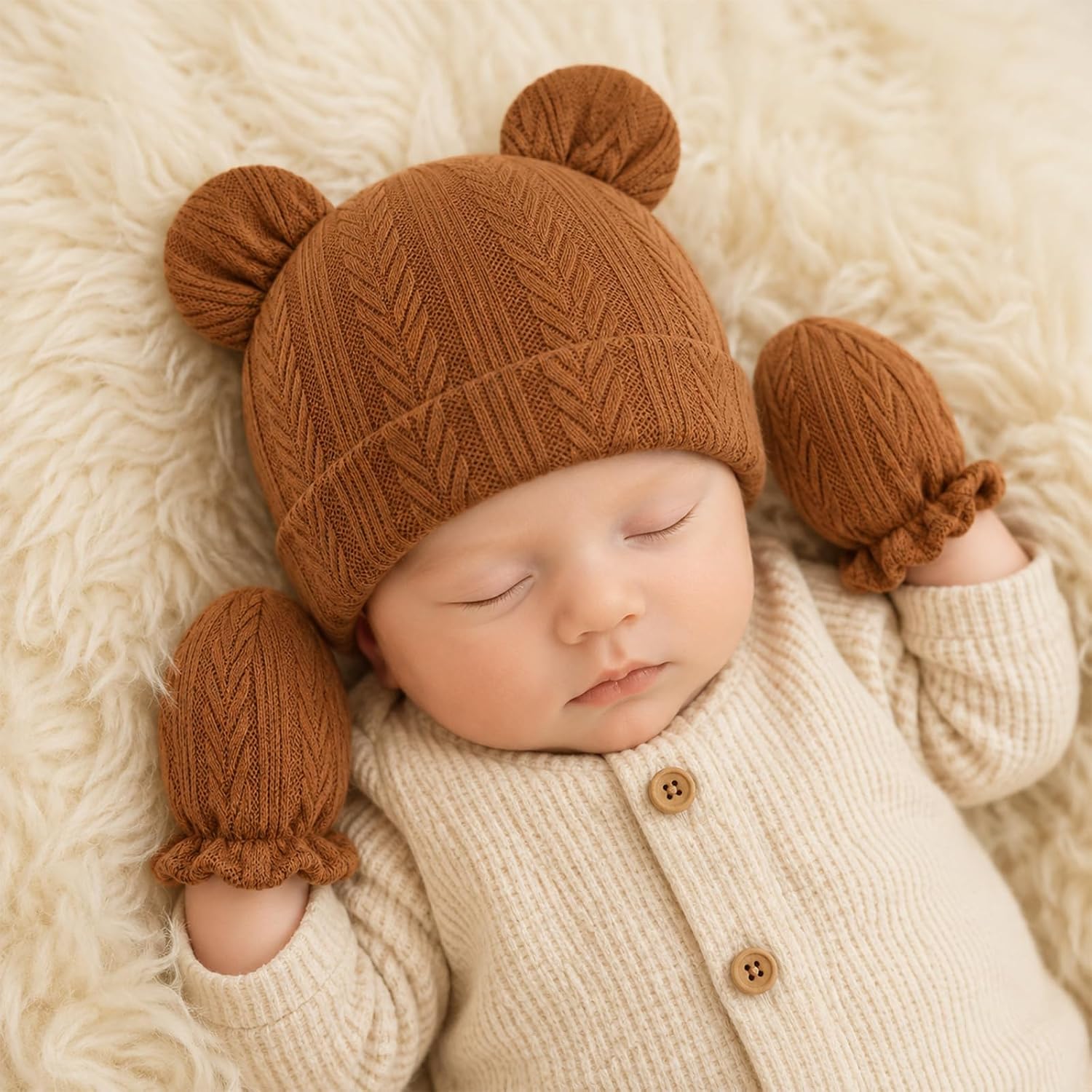 Newborn Baby Hats Bear Ears and Mittens Sets Preemie Toddler Infant Caps Baby Boy Girl Hospital Beanie for 0-3 Months