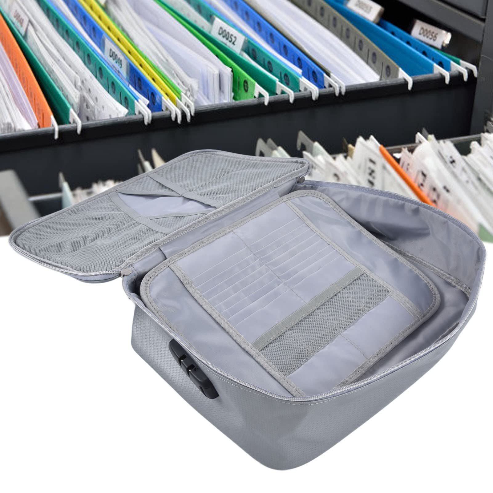 Borsa portadocumenti ignifuga, Custodia organizer per documenti con serratura, Cassetta di sicurezza ignifuga di grande capacità per file, contanti, gioielli, passaporto, (Argento)