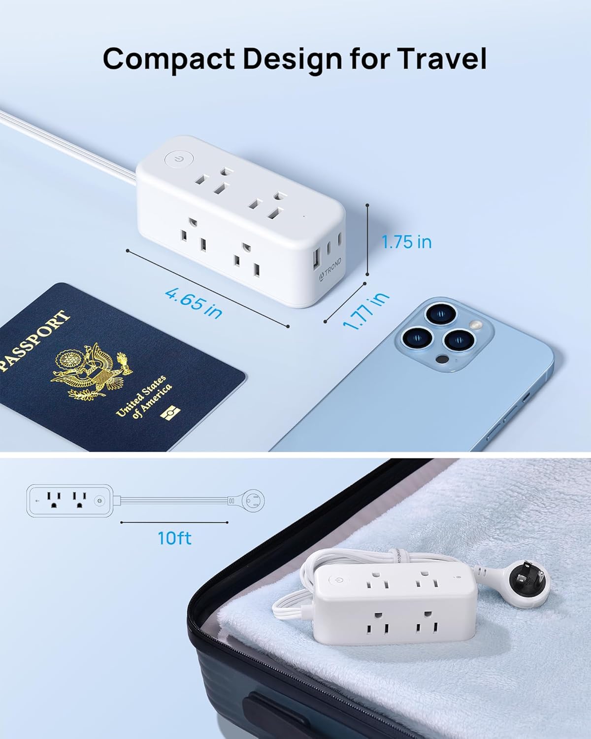 TROND Power Strip with 360 Rotating Plug, 10ft Flat Extension Cord with 2 USB C and 1 USB A, 6 Widely Spaced Outlets, 1440J Surge Protector, Surge Protector Power Strip for Home Travel Office, White